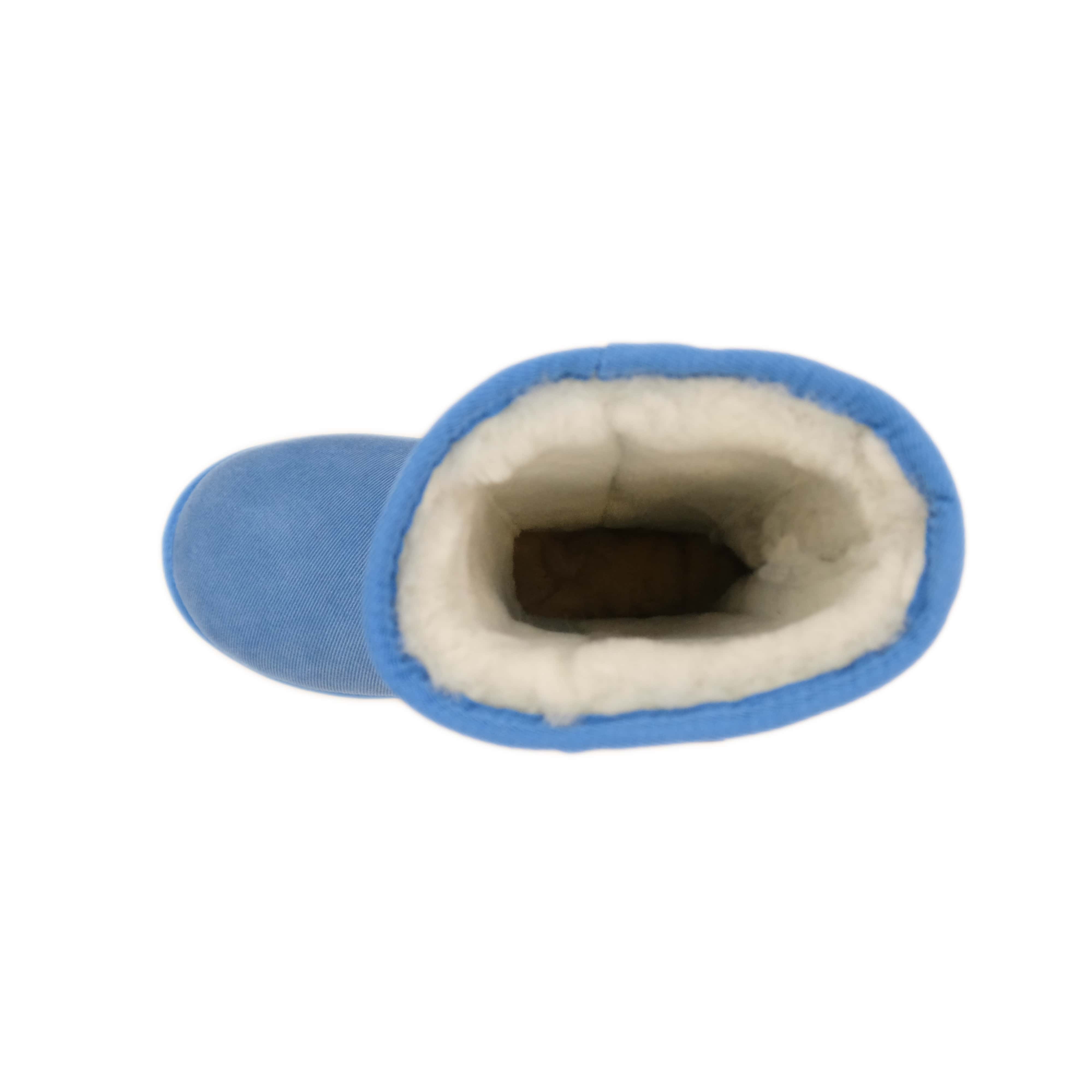 Blue sheepskin baby boot with cream wool lining, top-down view. - Yellow Earth Australia