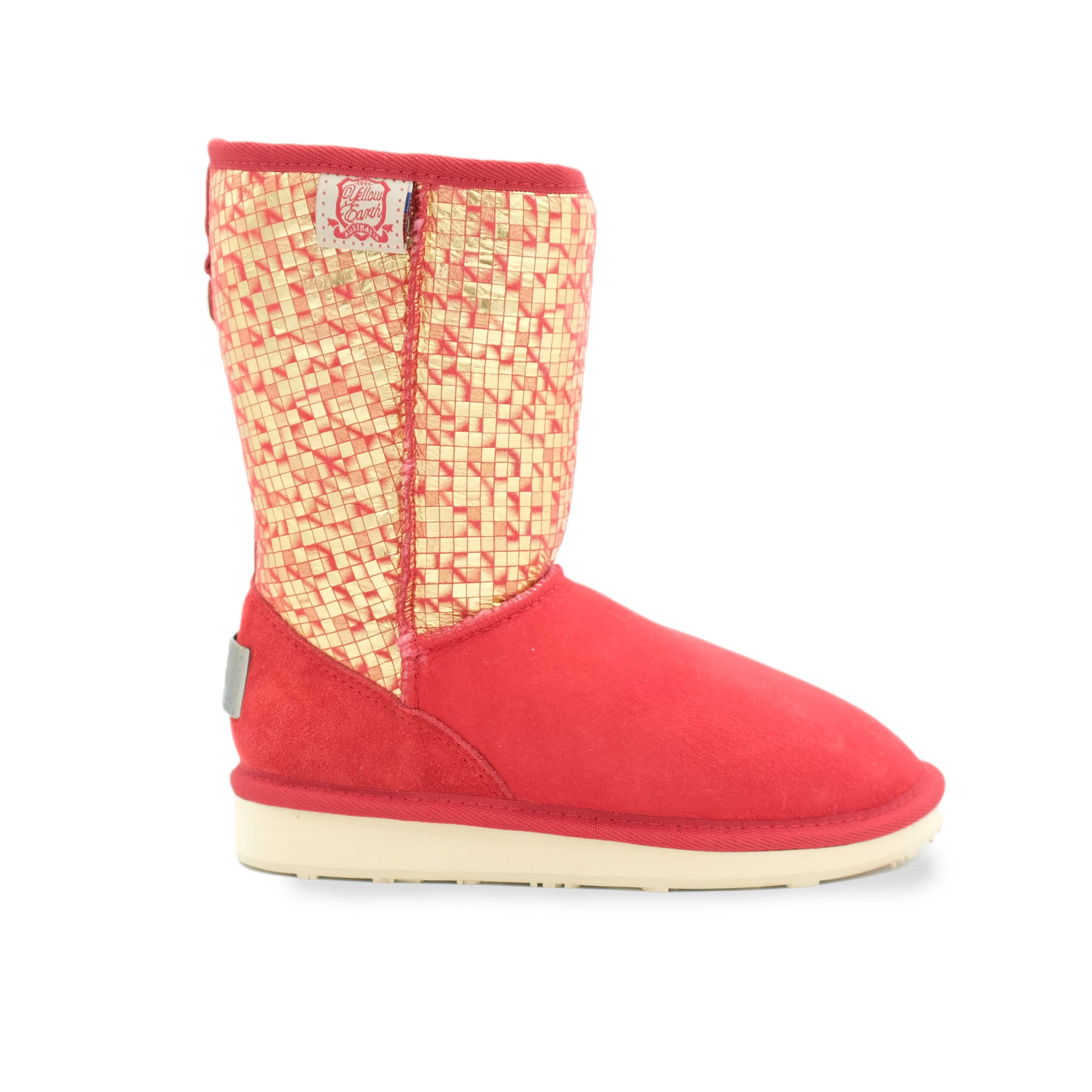 Red and cream sheepskin boot with sequined upper, side view. - Yellow Earth Australia