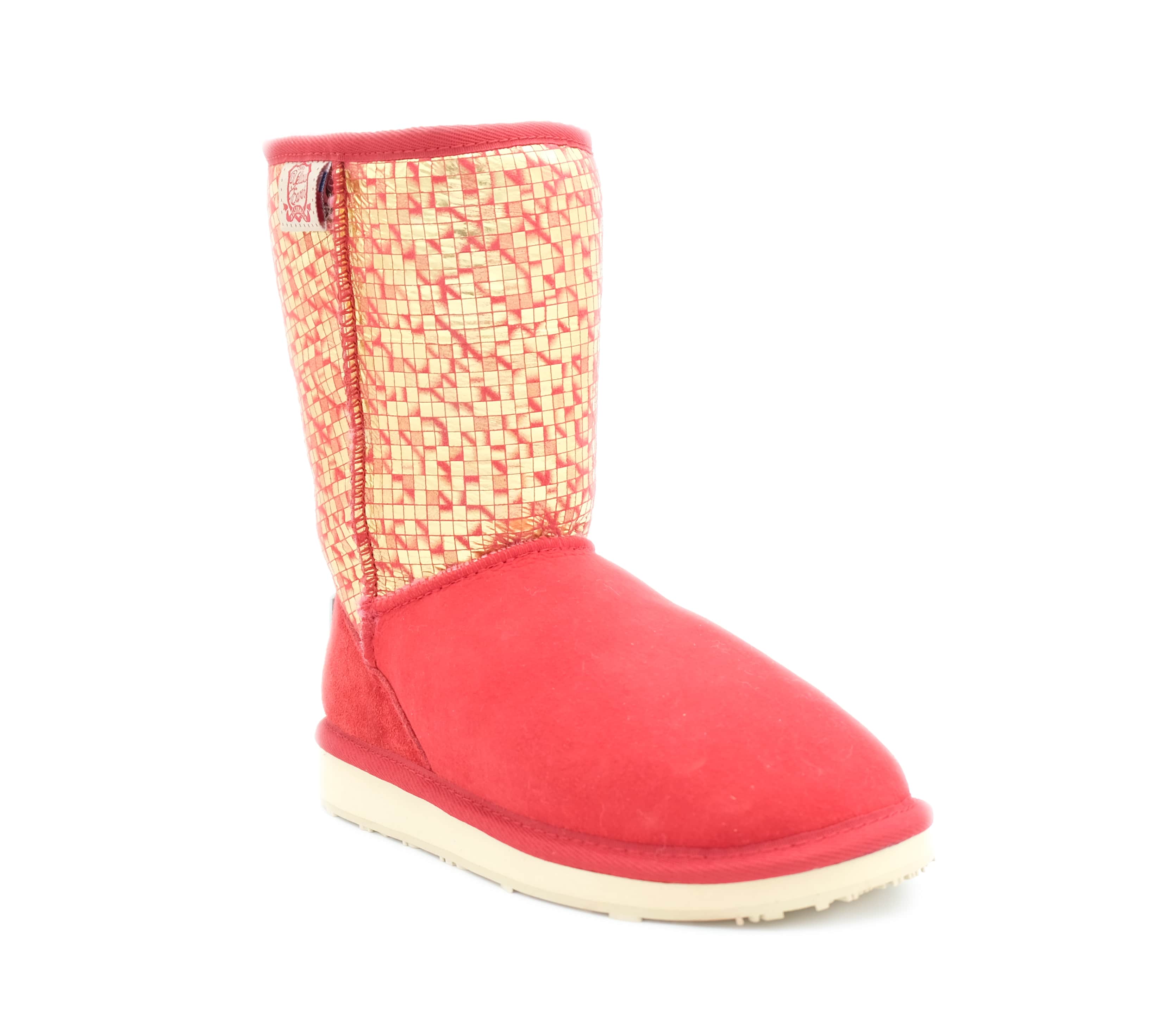 Red sheepskin boot with gold sequin upper and cream sole, side view. - Yellow Earth Australia