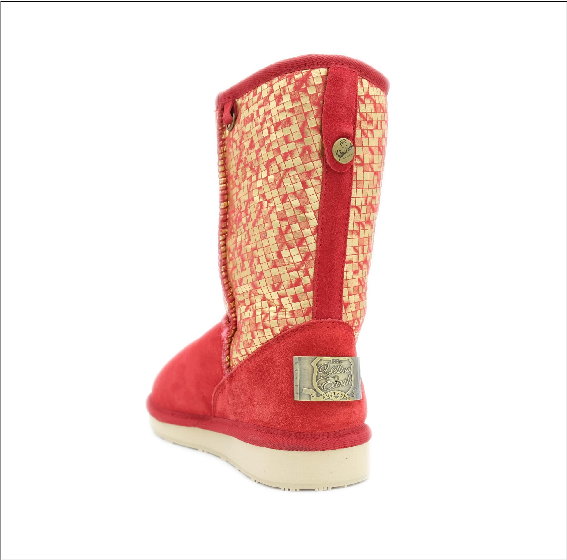 Red and cream sheepskin boot with quilted wool lining, rear view. - Yellow Earth Australia