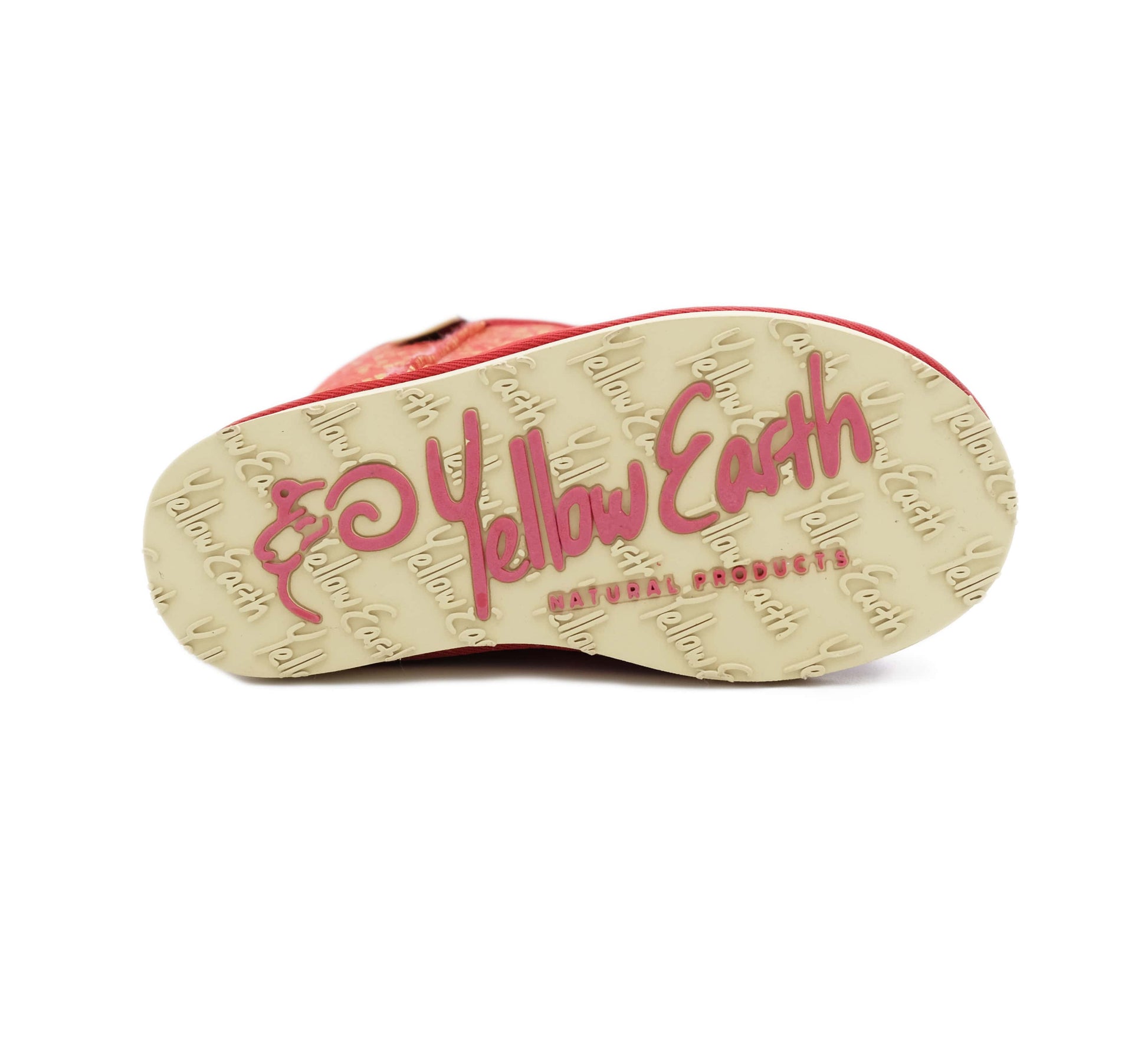 Red sheepskin baby boot sole view showing natural wool lining and grip pattern. - Yellow Earth Australia