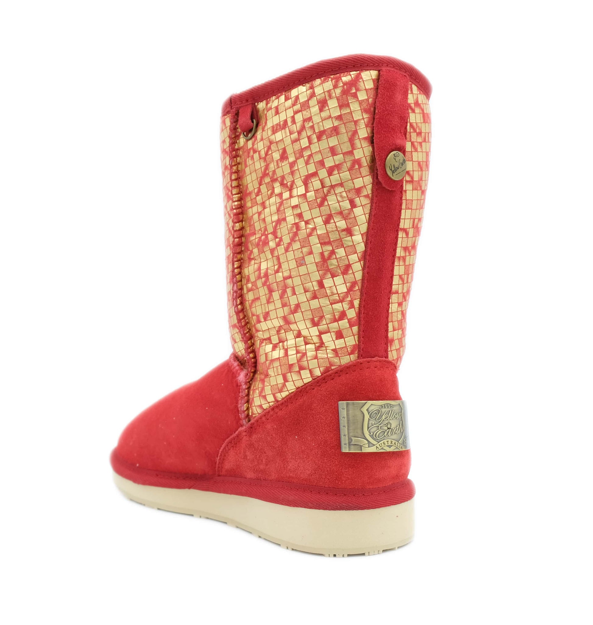 Red and cream sheepskin boot with woven textile upper, rear view. - Yellow Earth Australia