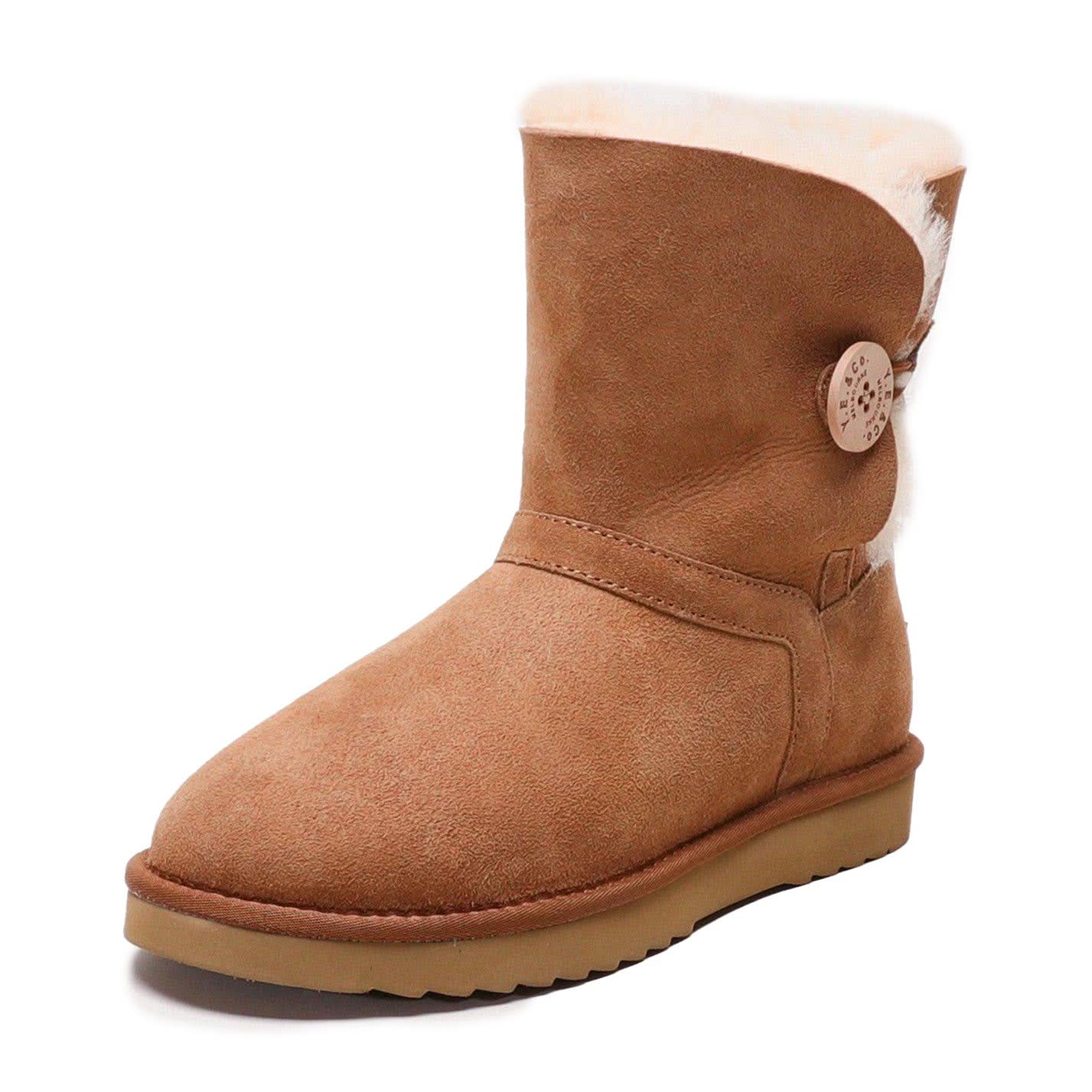 Chestnut sheepskin boot with wool lining and decorative button, side view. - Yellow Earth Australia