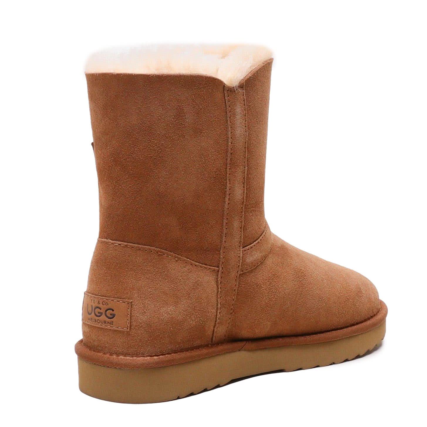 Chestnut suede sheepskin boot with fleece lining, rear three-quarter view. - Yellow Earth Australia