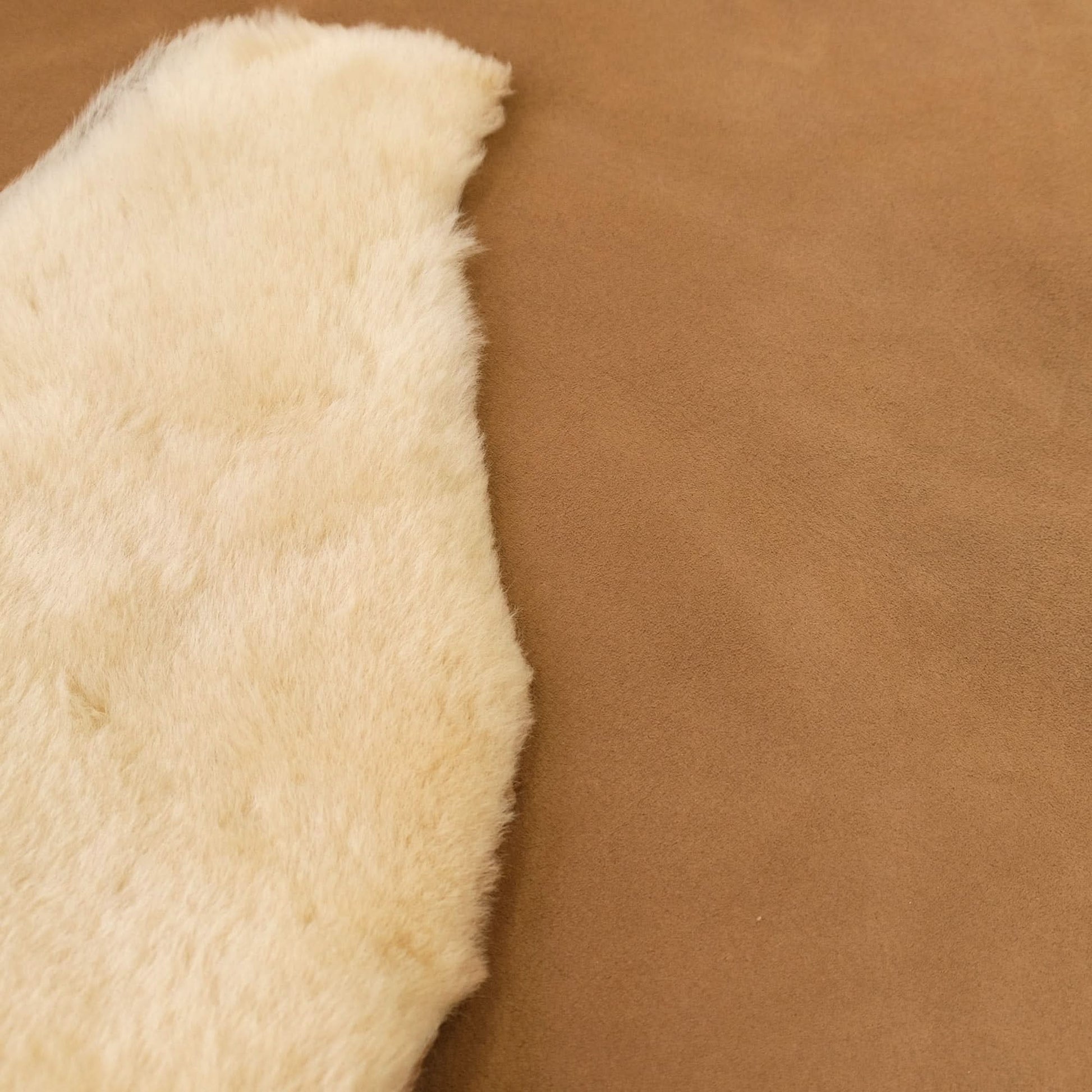 Natural cream sheepskin rug with soft wool pile on tan background, side view. - Yellow Earth Australia