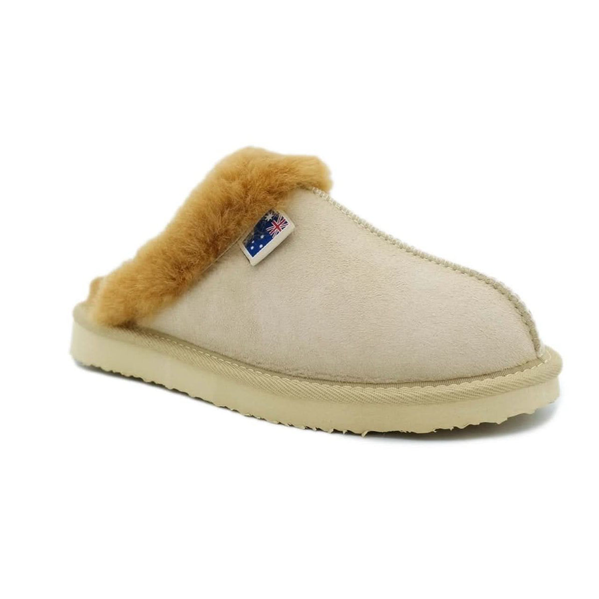 Cream sheepskin slipper with camel wool cuff, side view on white background. - Yellow Earth Australia