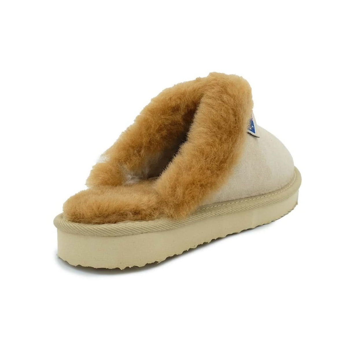 Camel and cream sheepskin slipper boot with fluffy wool lining, side view. - Yellow Earth Australia