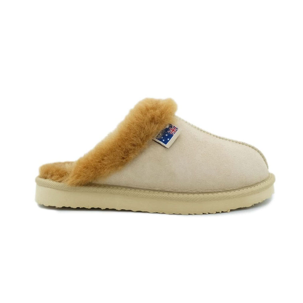 Cream sheepskin slipper with caramel wool collar, side view. - Yellow Earth Australia