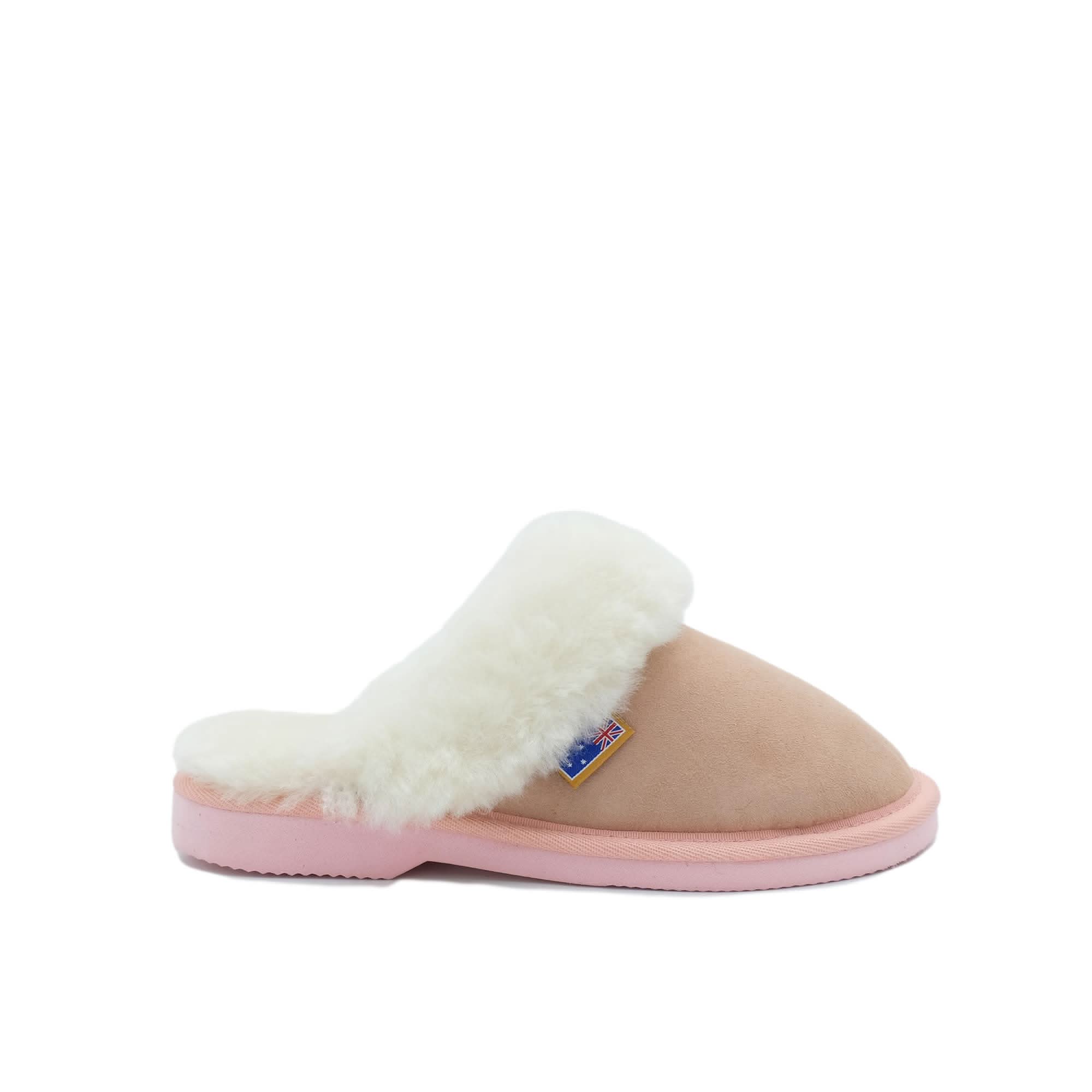 Beige and pink sheepskin mule slipper with white fur trim, side view. - Yellow Earth Australia