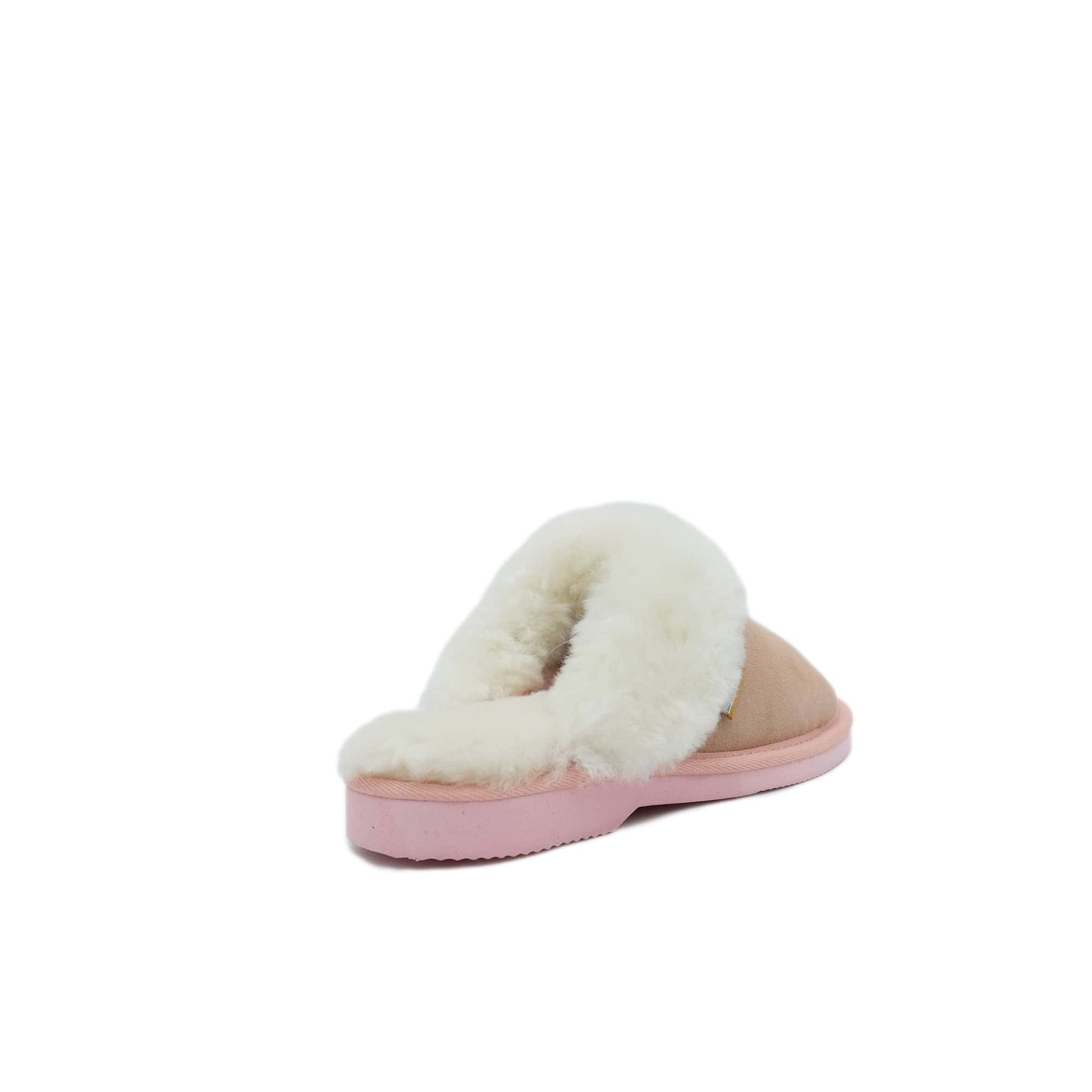 Pink sheepskin slipper with cream wool collar, shown from rear three-quarter view. - Yellow Earth Australia