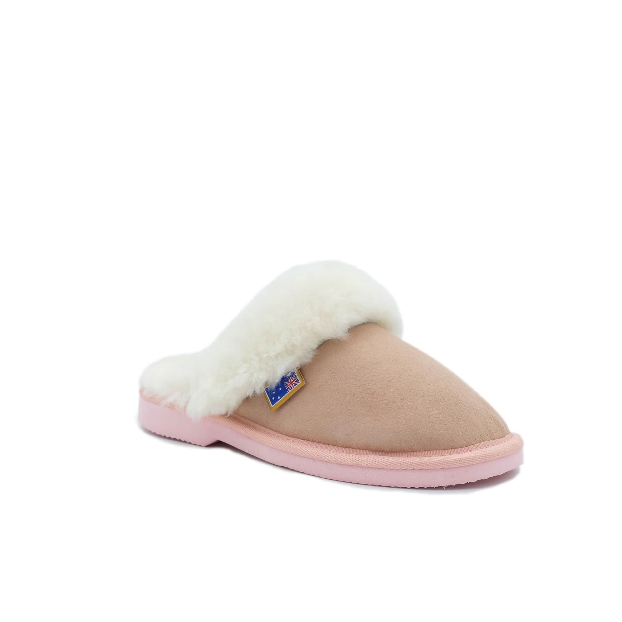 Beige and pink sheepskin slipper with white fluffy wool collar, angled side view. - Yellow Earth Australia