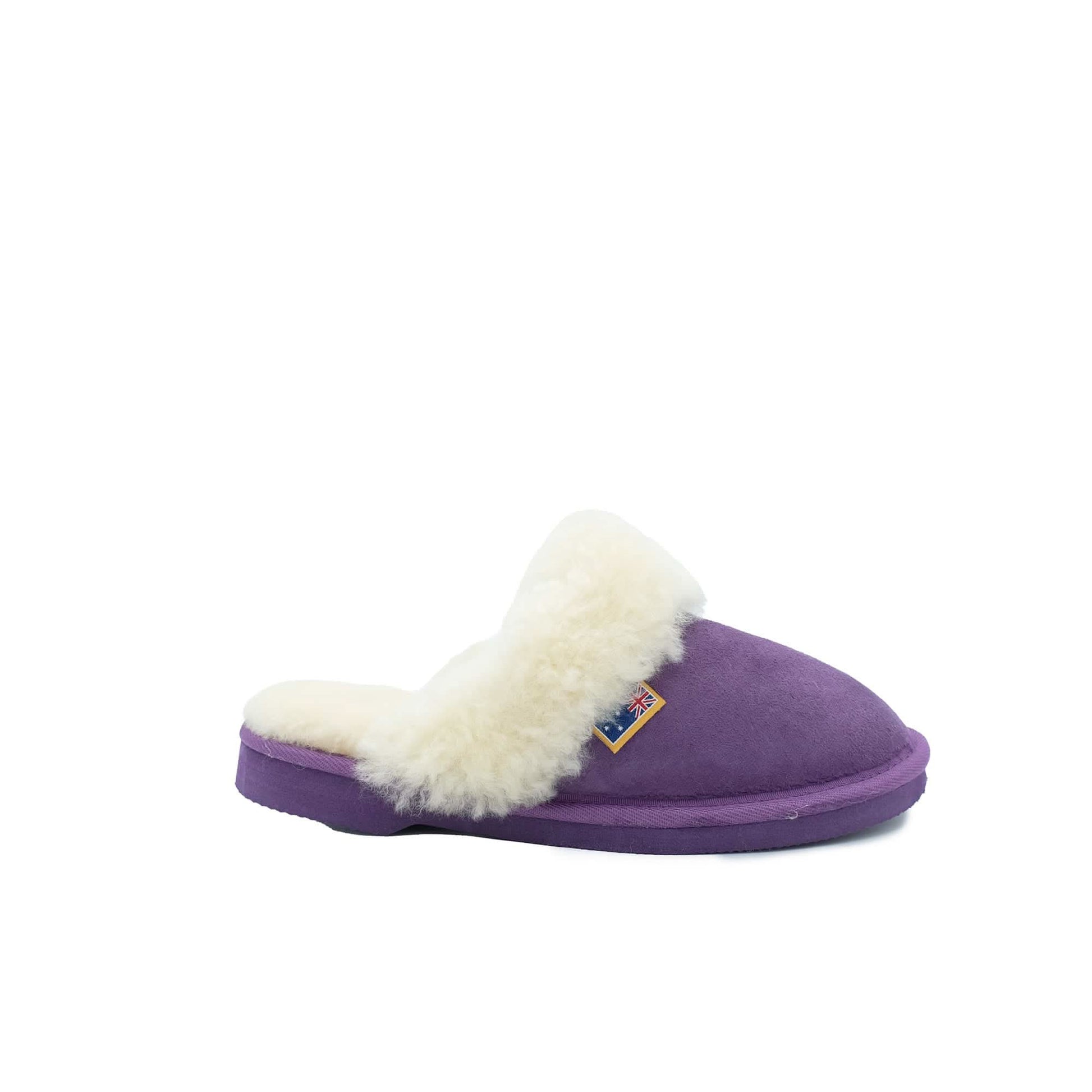 Purple sheepskin slipper with white wool collar, side view on white background. - Yellow Earth Australia