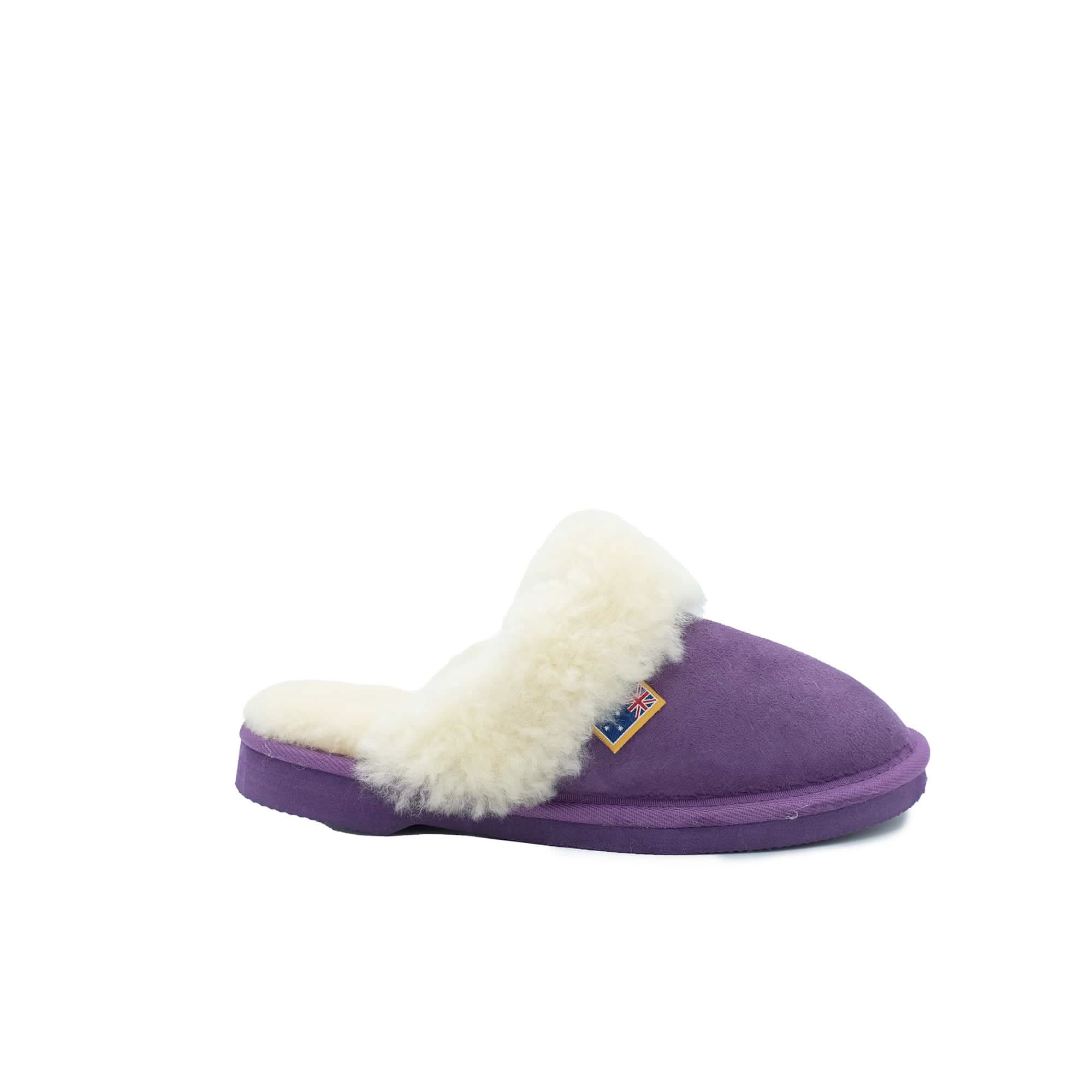 Purple sheepskin slipper with white wool collar, side view on white background. - Yellow Earth Australia