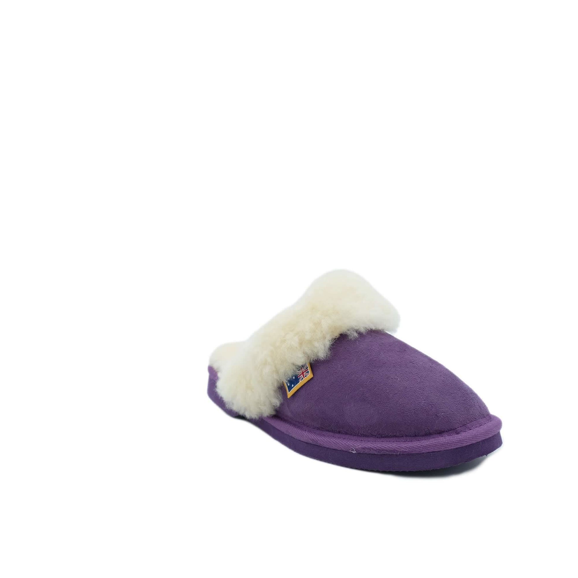 Purple sheepskin slipper with cream wool cuff, shown from the side angle. - Yellow Earth Australia