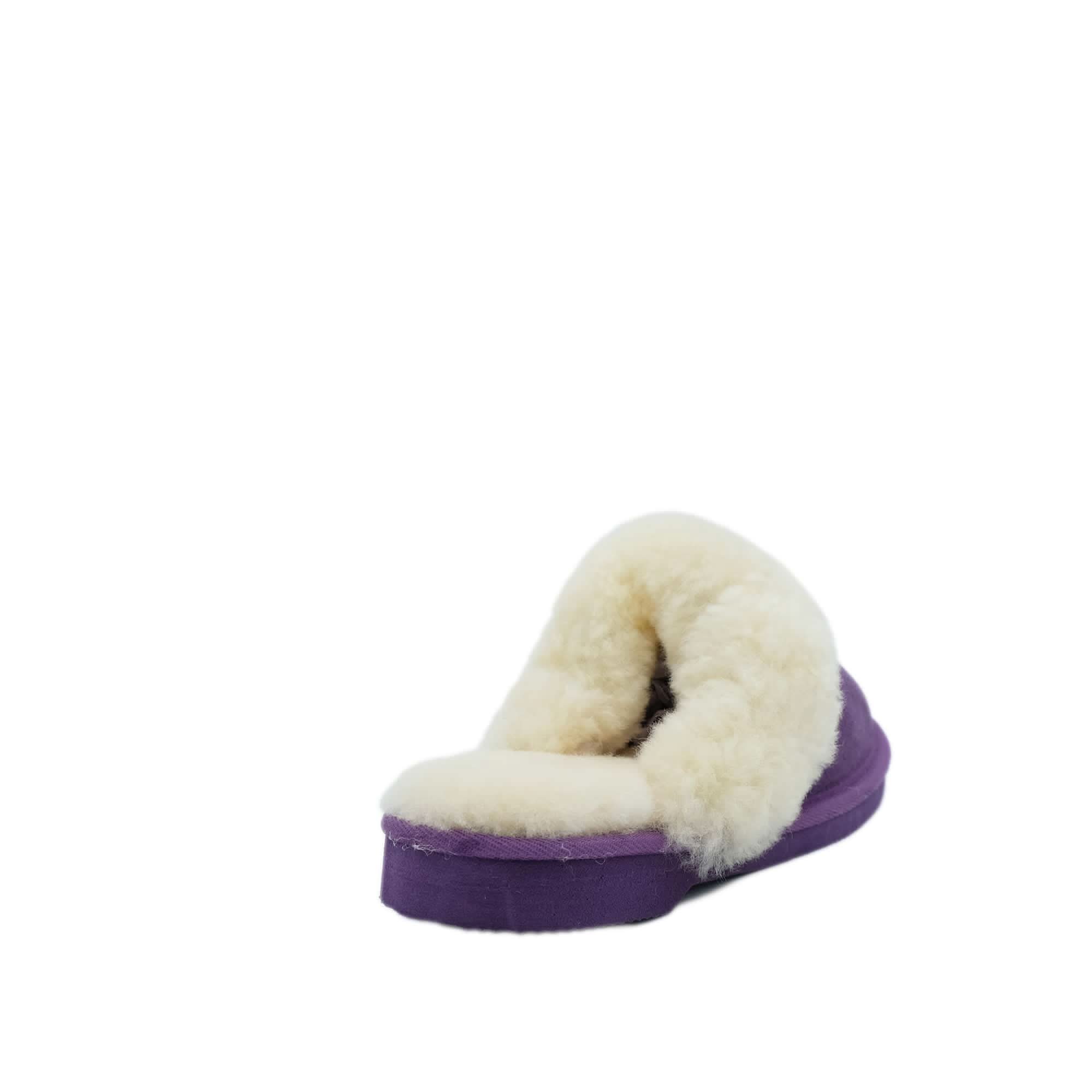 Purple sheepskin slipper with cream wool lining, side view. - Yellow Earth Australia