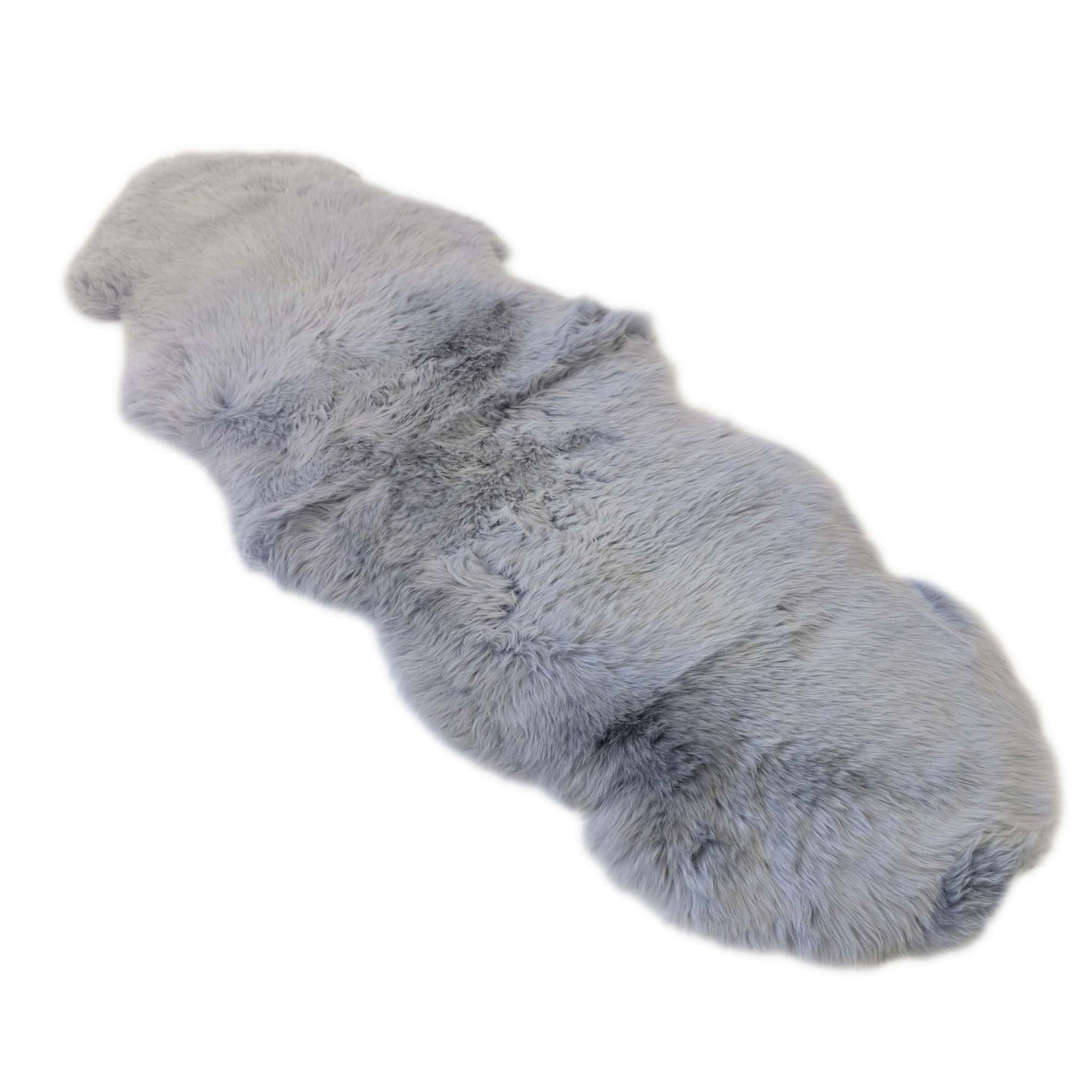 Gray sheepskin rug with soft wool pile viewed from above on white background. - Yellow Earth Australia