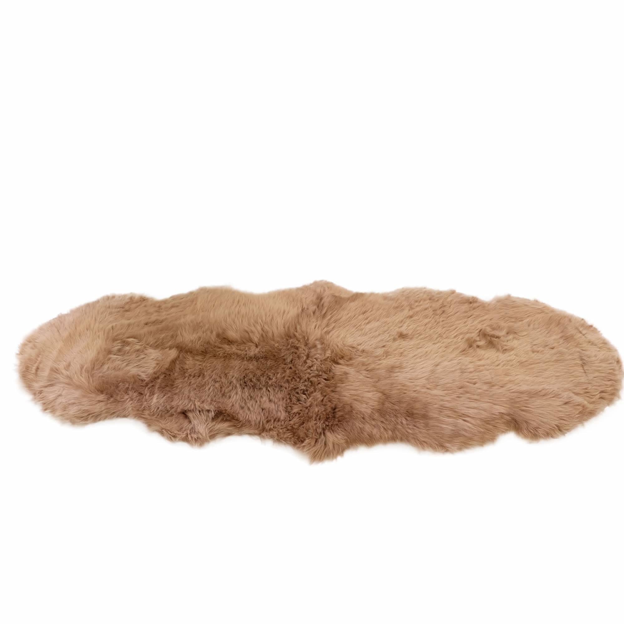 Beige sheepskin rug with fluffy wool texture viewed from above on white background. - Yellow Earth Australia
