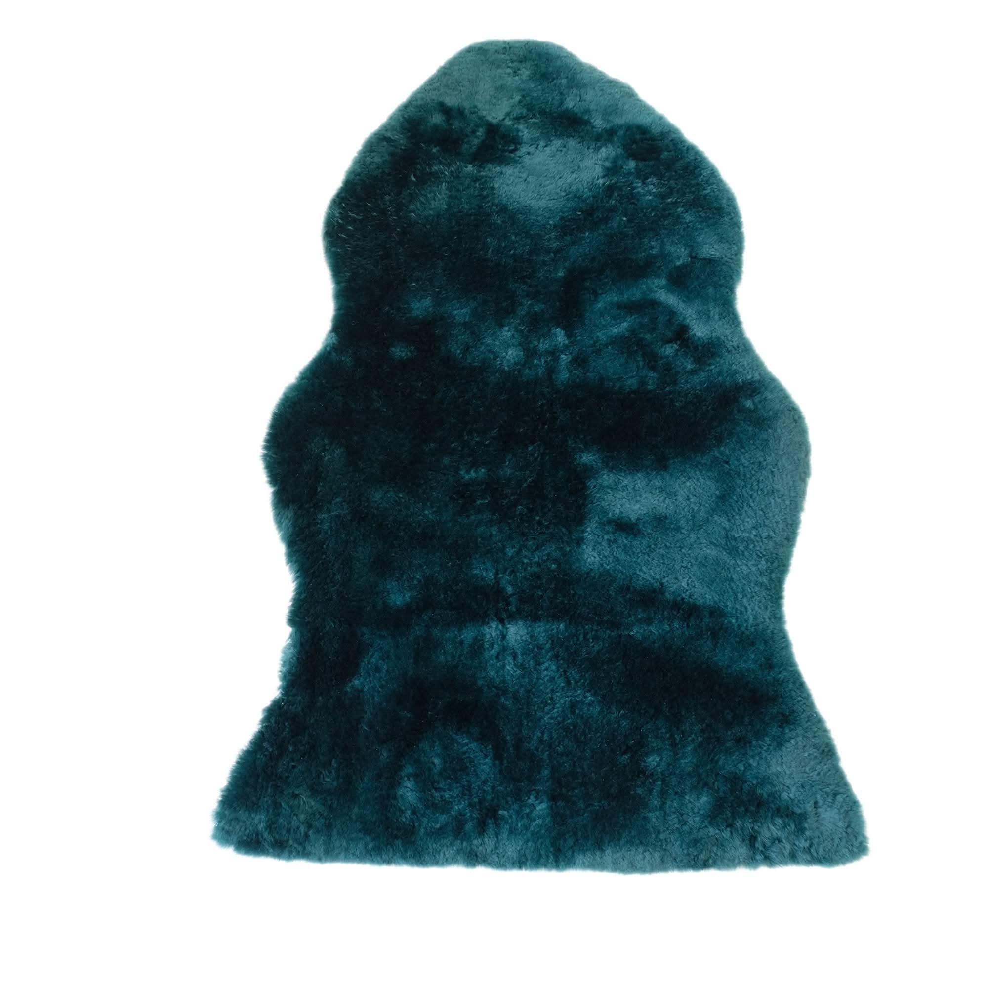 Teal sheepskin rug with luxurious wool pile, viewed from above on white background. - Yellow Earth Australia