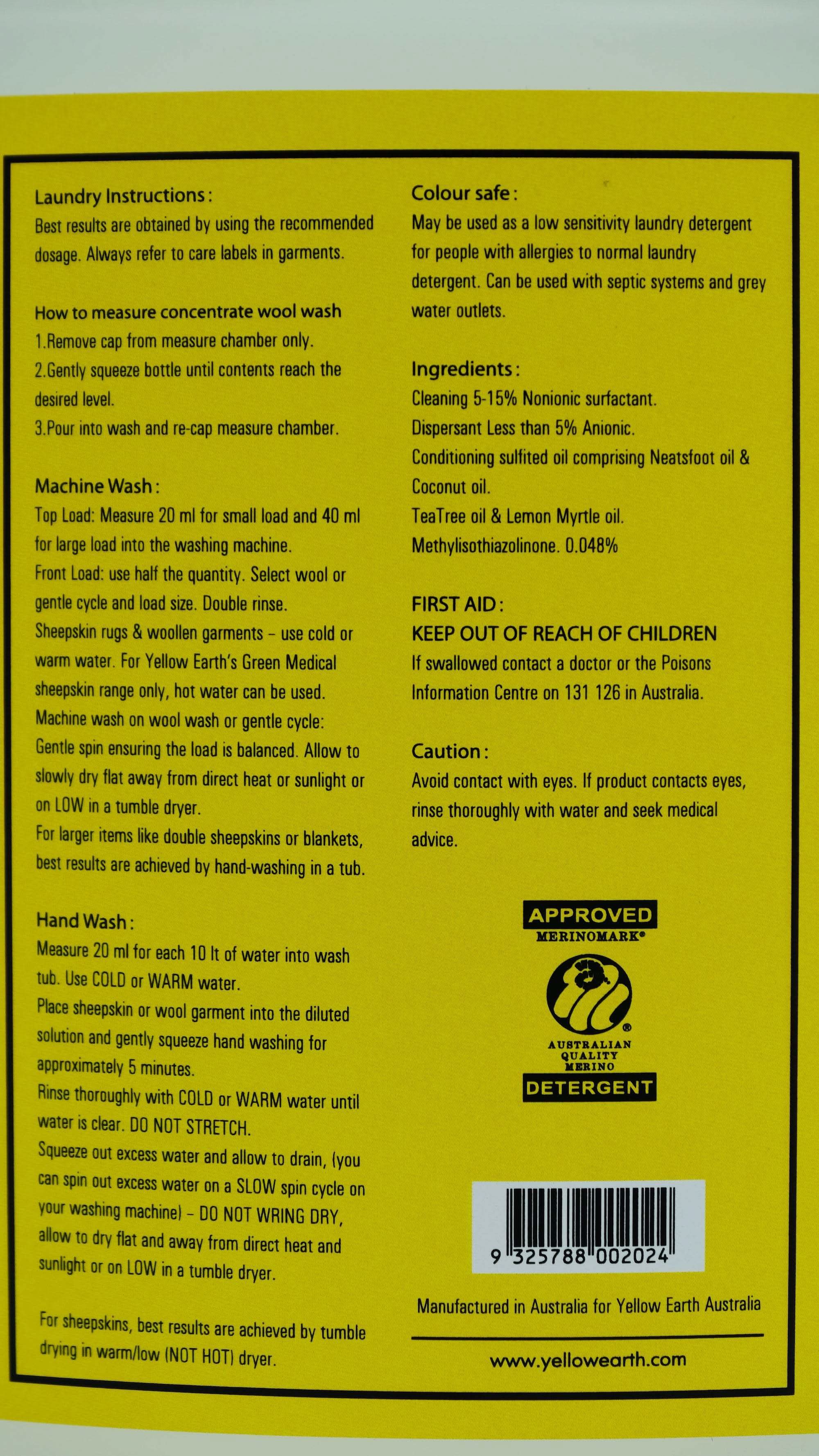 Yellow laundry instruction label for wool and sheepskin care products, front view. - Yellow Earth Australia