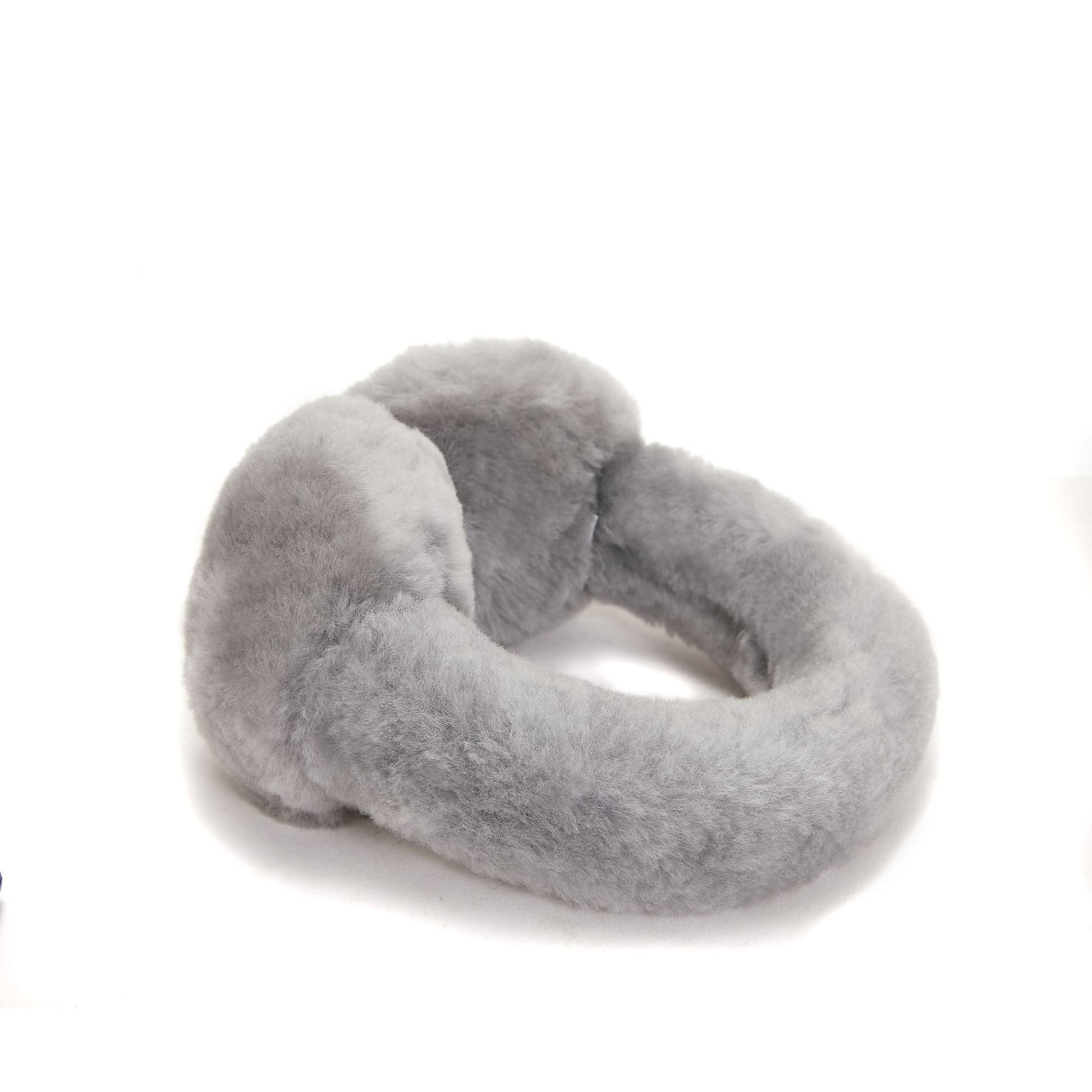 Gray sheepskin ear warmer headband with fluffy wool texture, front view. - Yellow Earth Australia