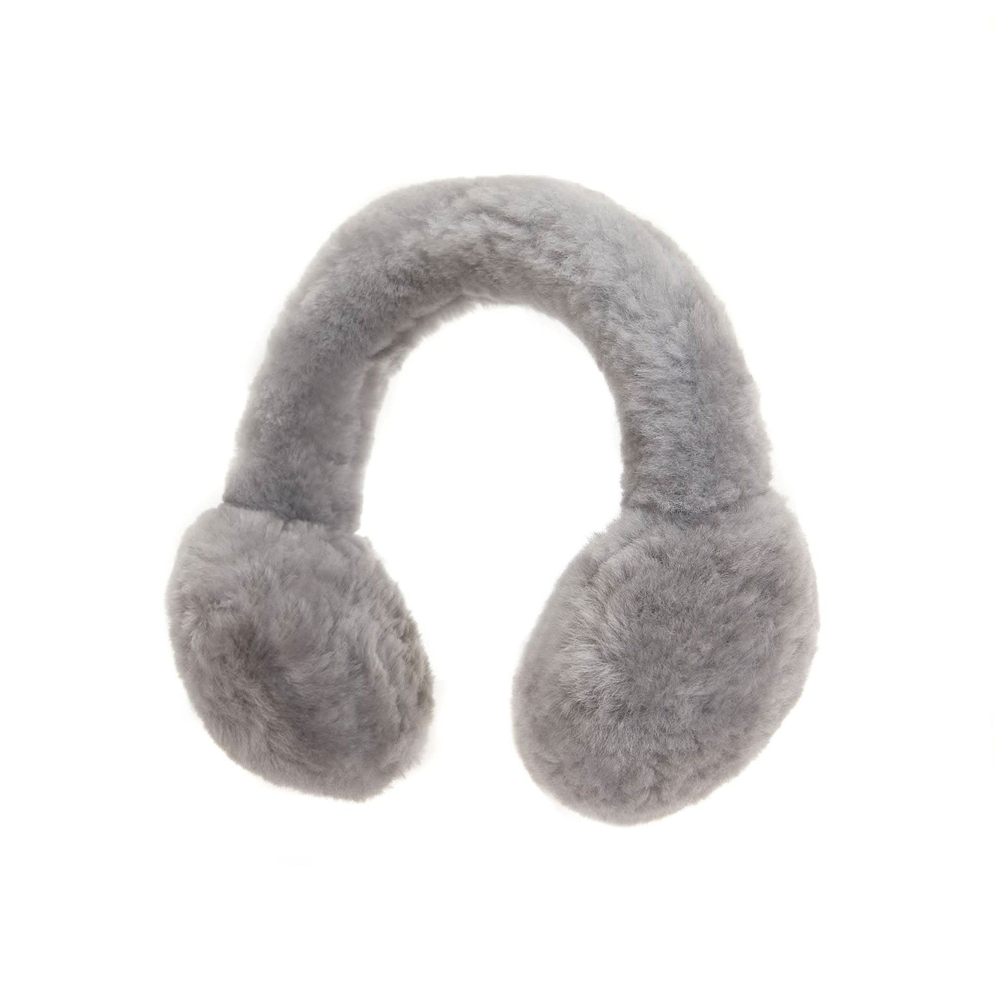Grey fluffy sheepskin earmuffs with soft wool lining displayed from front view. - Yellow Earth Australia