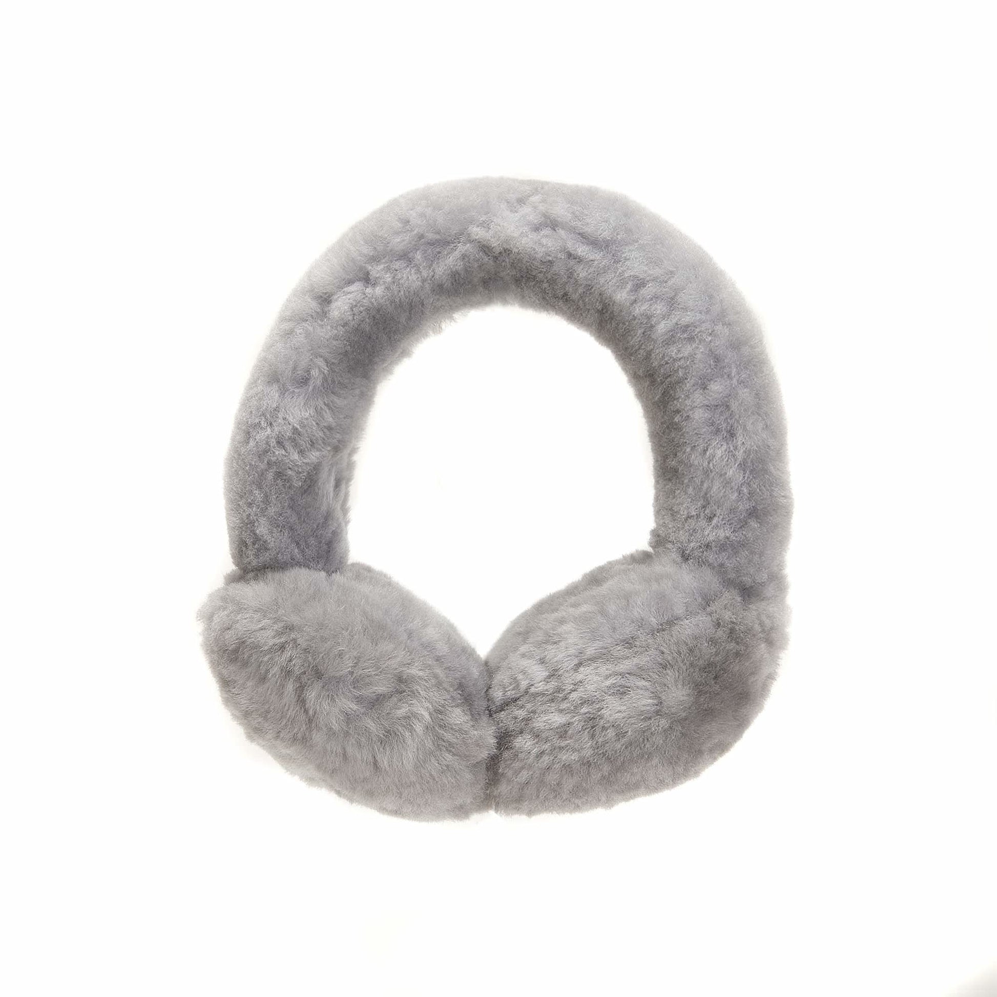 Grey sheepskin ear warmers with soft wool fleece lining, front view. - Yellow Earth Australia