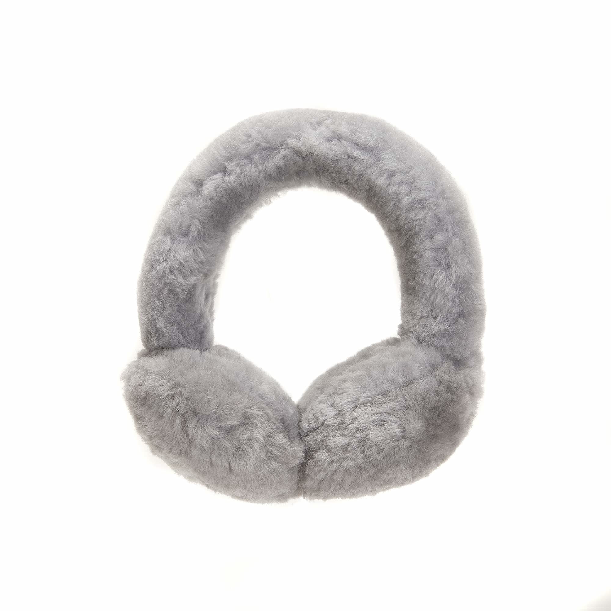 Grey sheepskin ear warmers with soft wool fleece lining, front view. - Yellow Earth Australia