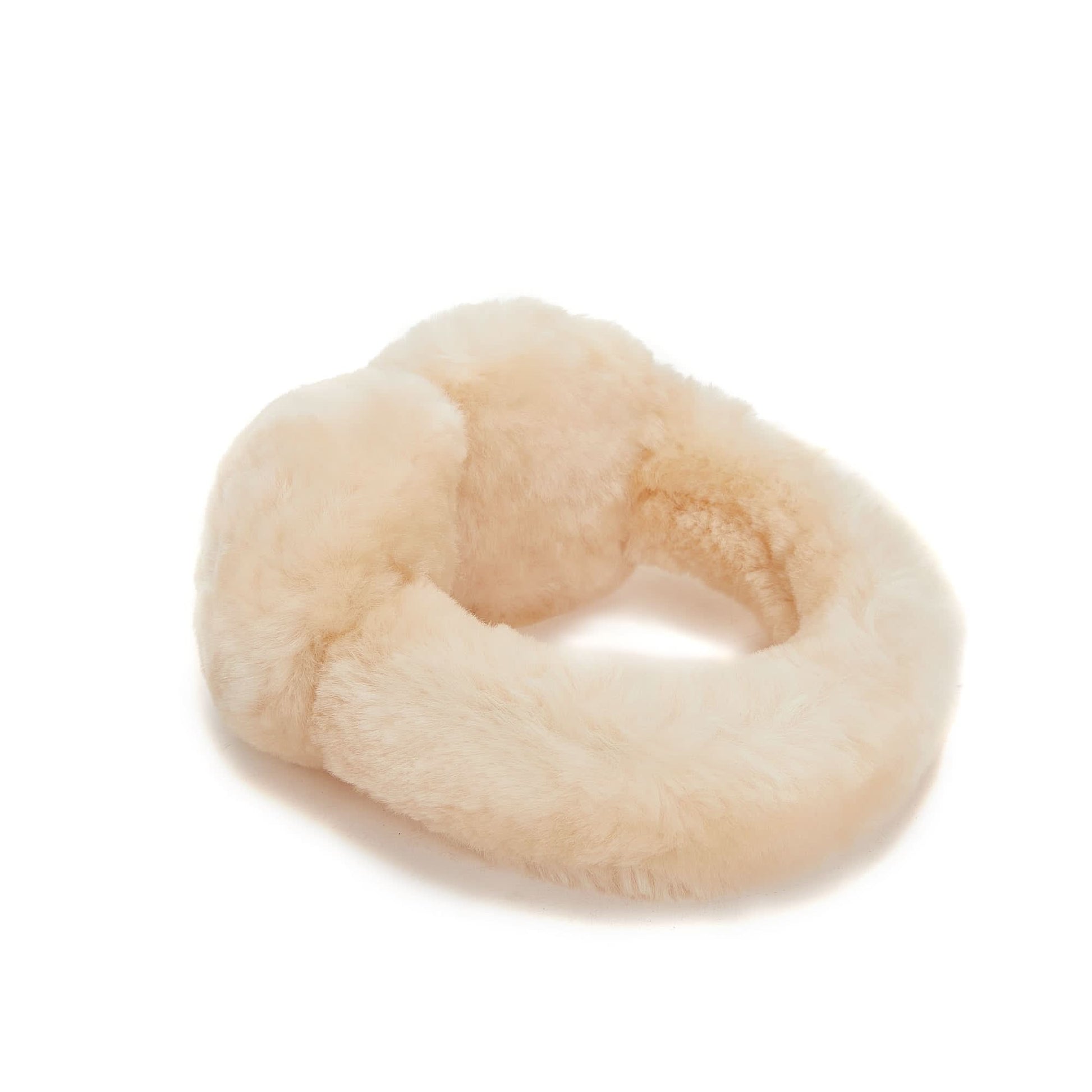 Cream sheepskin neck warmer with soft fluffy wool texture, circular loop design. - Yellow Earth Australia