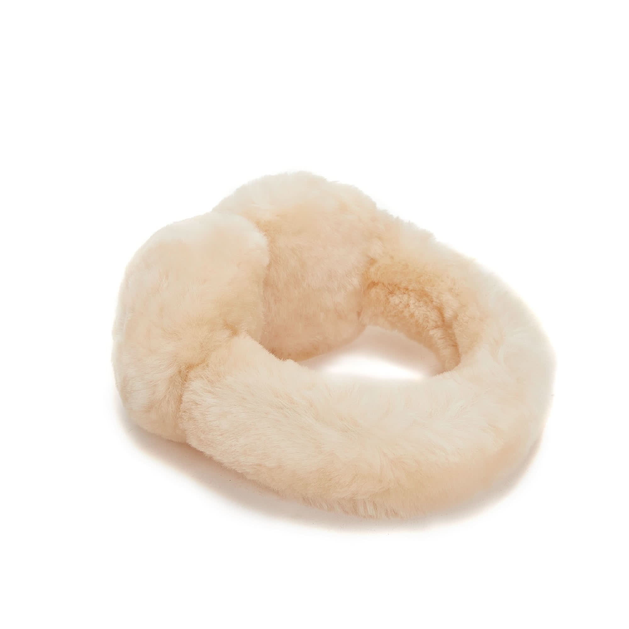Cream sheepskin neck warmer with soft fluffy wool texture, circular loop design. - Yellow Earth Australia