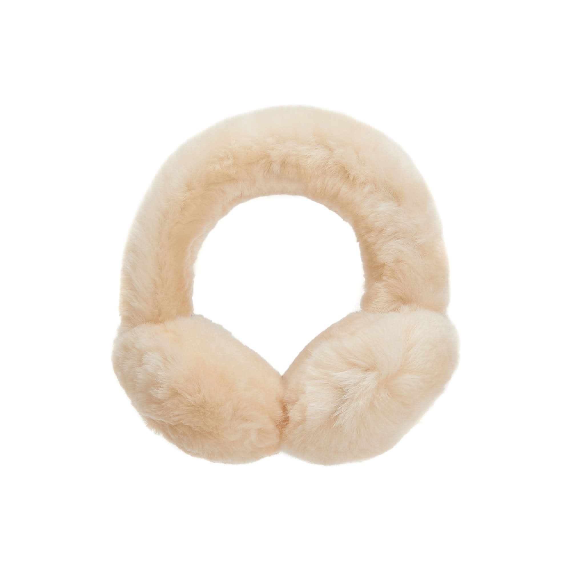 Cream sheepskin earmuffs with soft wool fleece lining, front view. - Yellow Earth Australia
