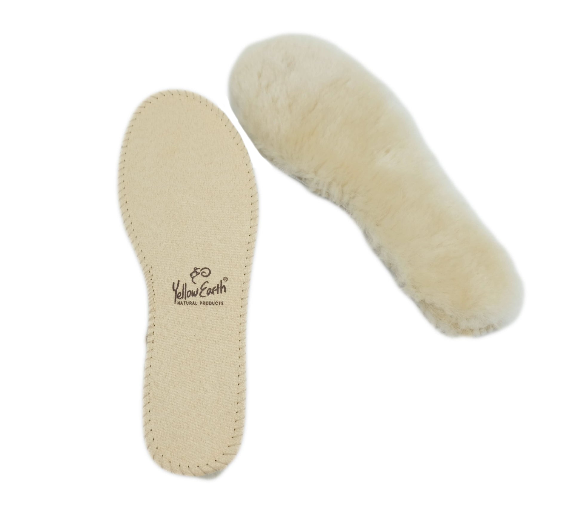 Cream wool sheepskin insoles with fluffy texture shown from top view. - Yellow Earth Australia