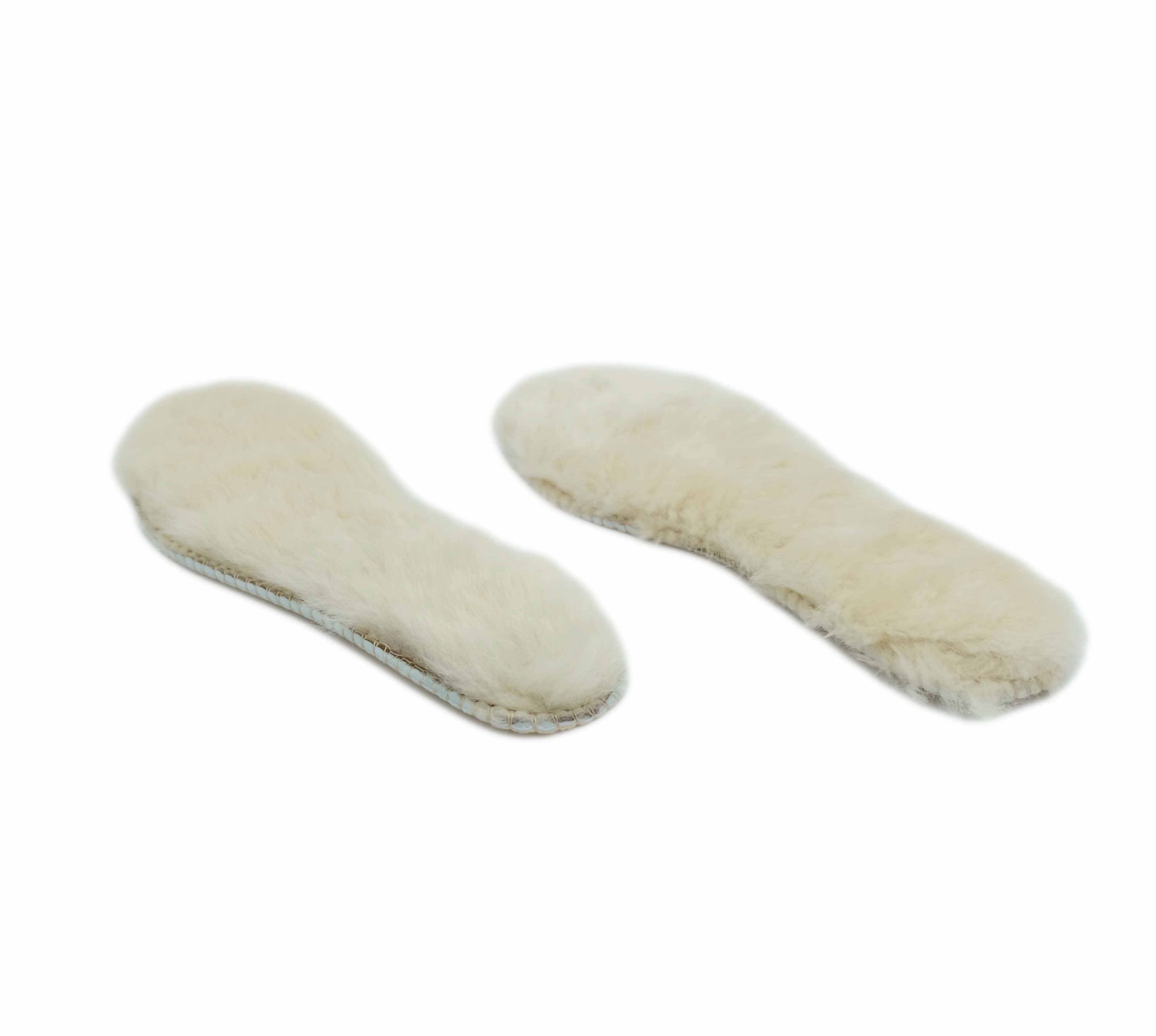 Pair of cream sheepskin wool insoles with soft fleece lining, top view. - Yellow Earth Australia