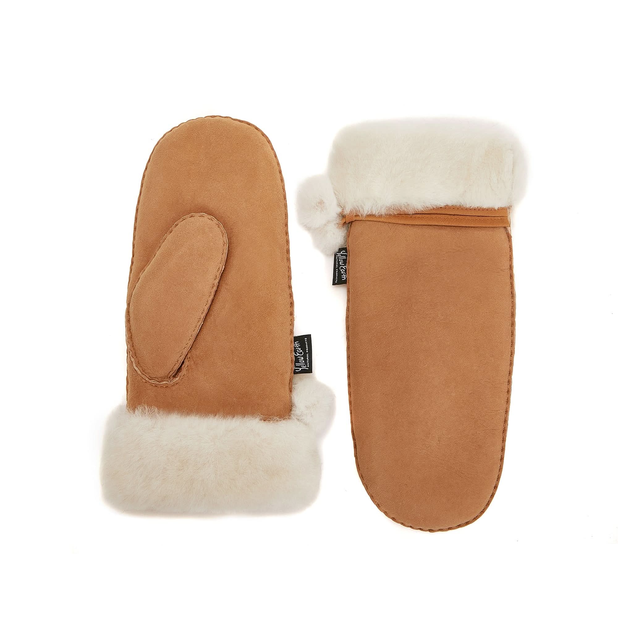 Tan suede mittens with cream sheepskin cuff trim, shown front and back view. - Yellow Earth Australia