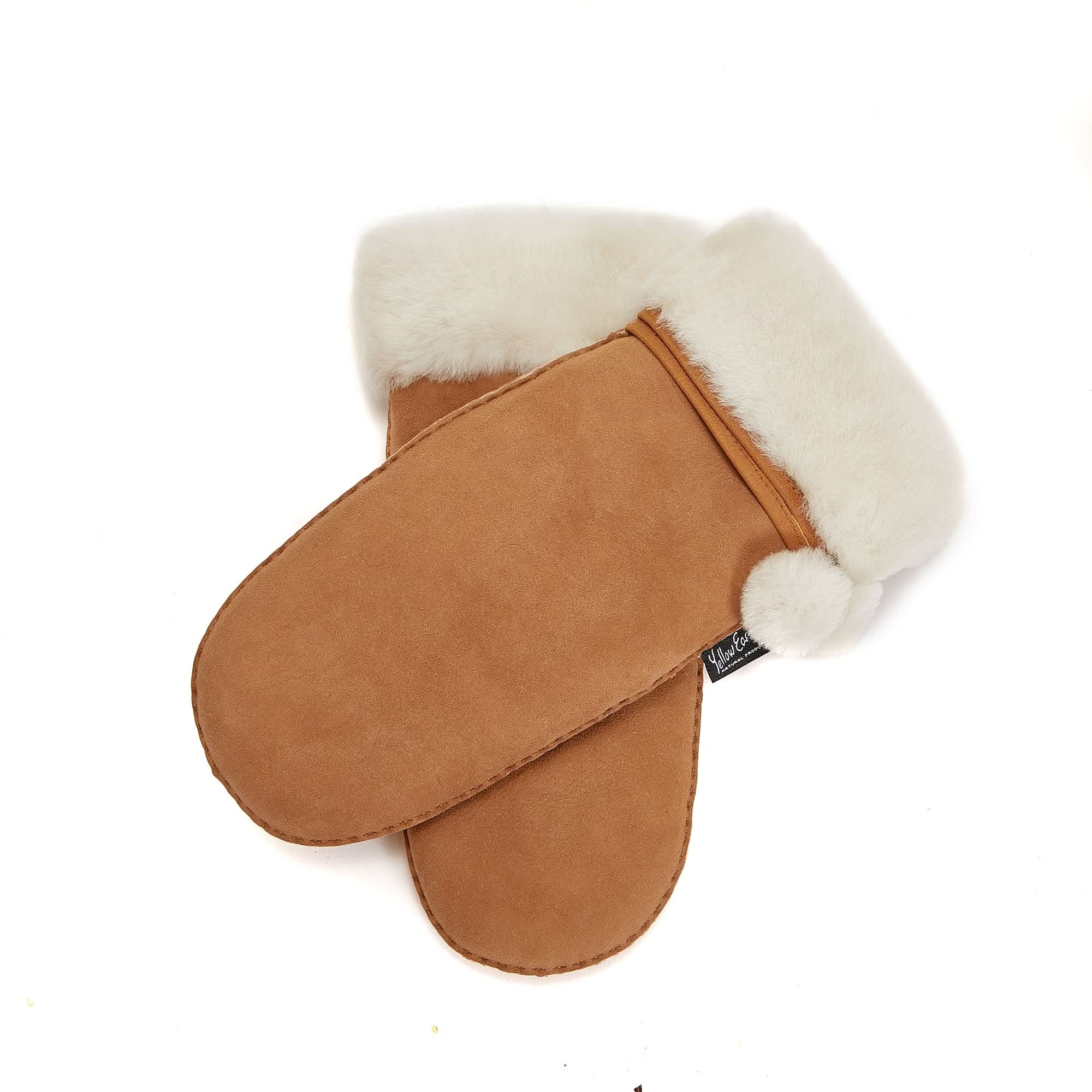 Tan sheepskin mittens with cream wool cuff, top view on white background. - Yellow Earth Australia