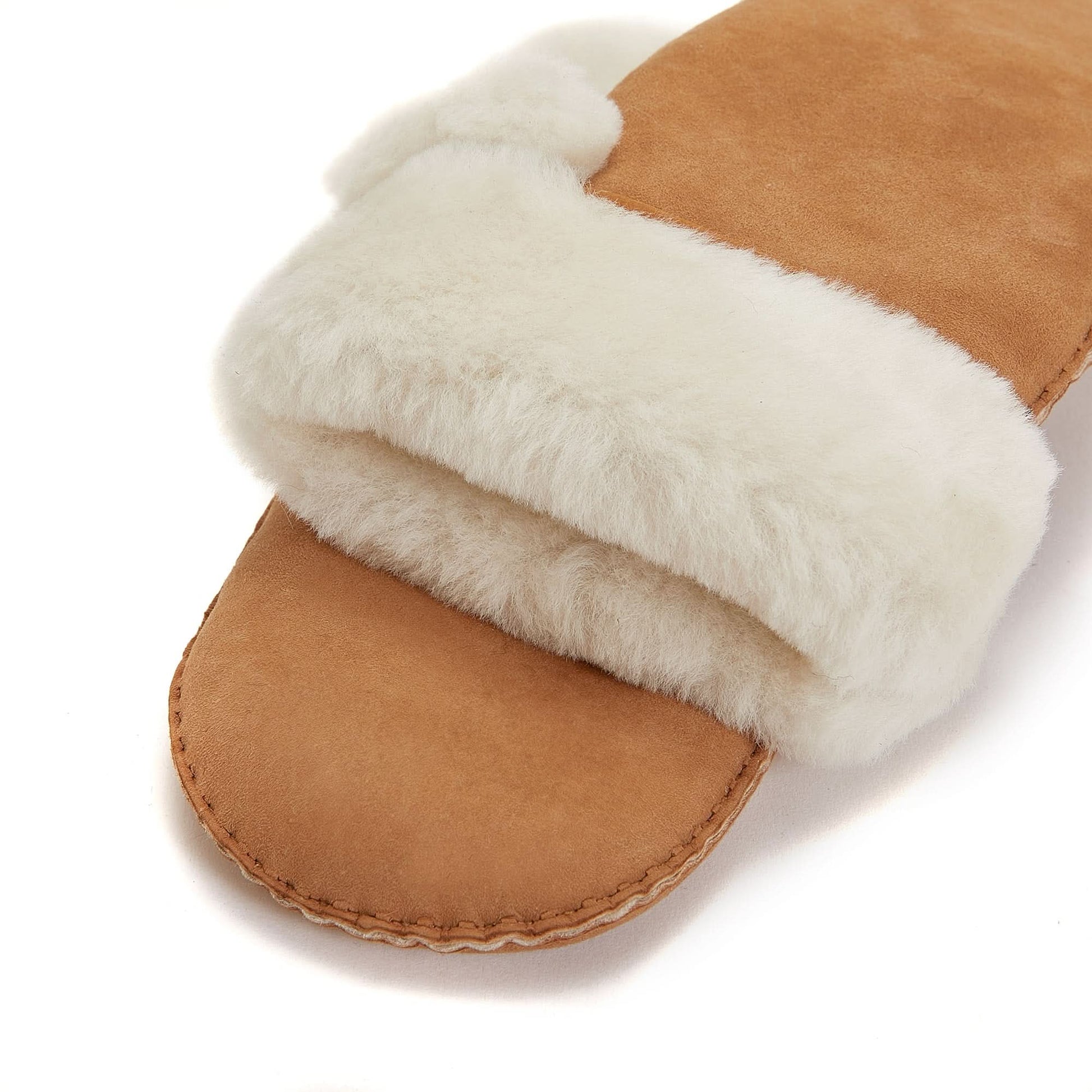 Tan suede slipper with cream sheepskin fur lining, top view detail. - Yellow Earth Australia