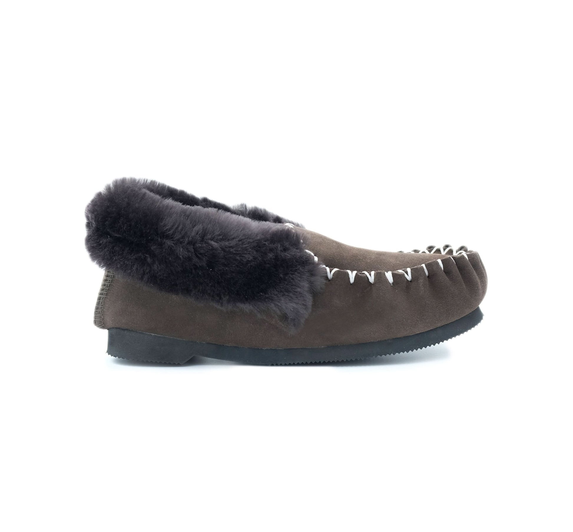 Charcoal fur-lined moccasin slipper with brown suede upper, side view. - Yellow Earth Australia