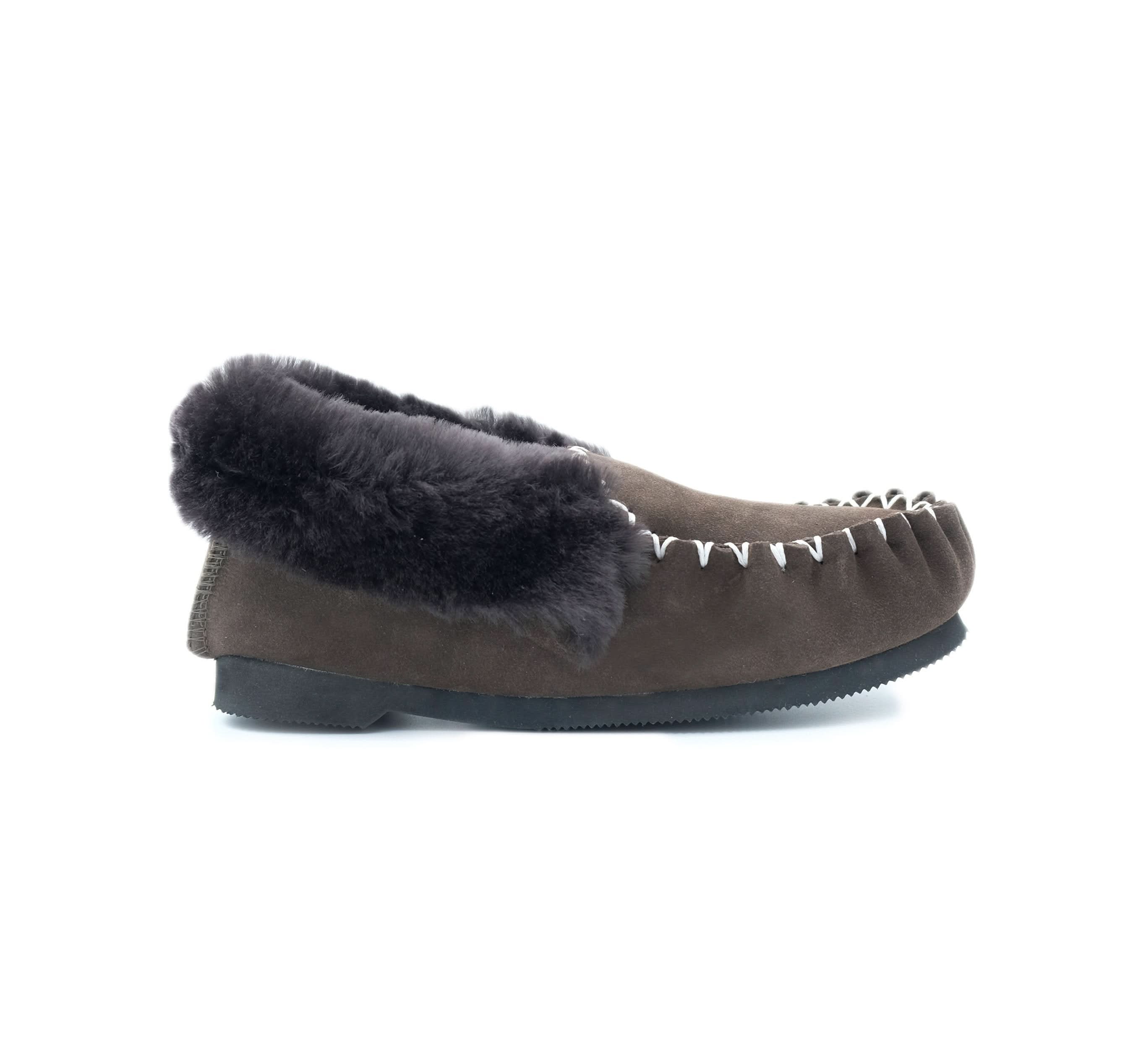 Charcoal fur-lined moccasin slipper with brown suede upper, side view. - Yellow Earth Australia