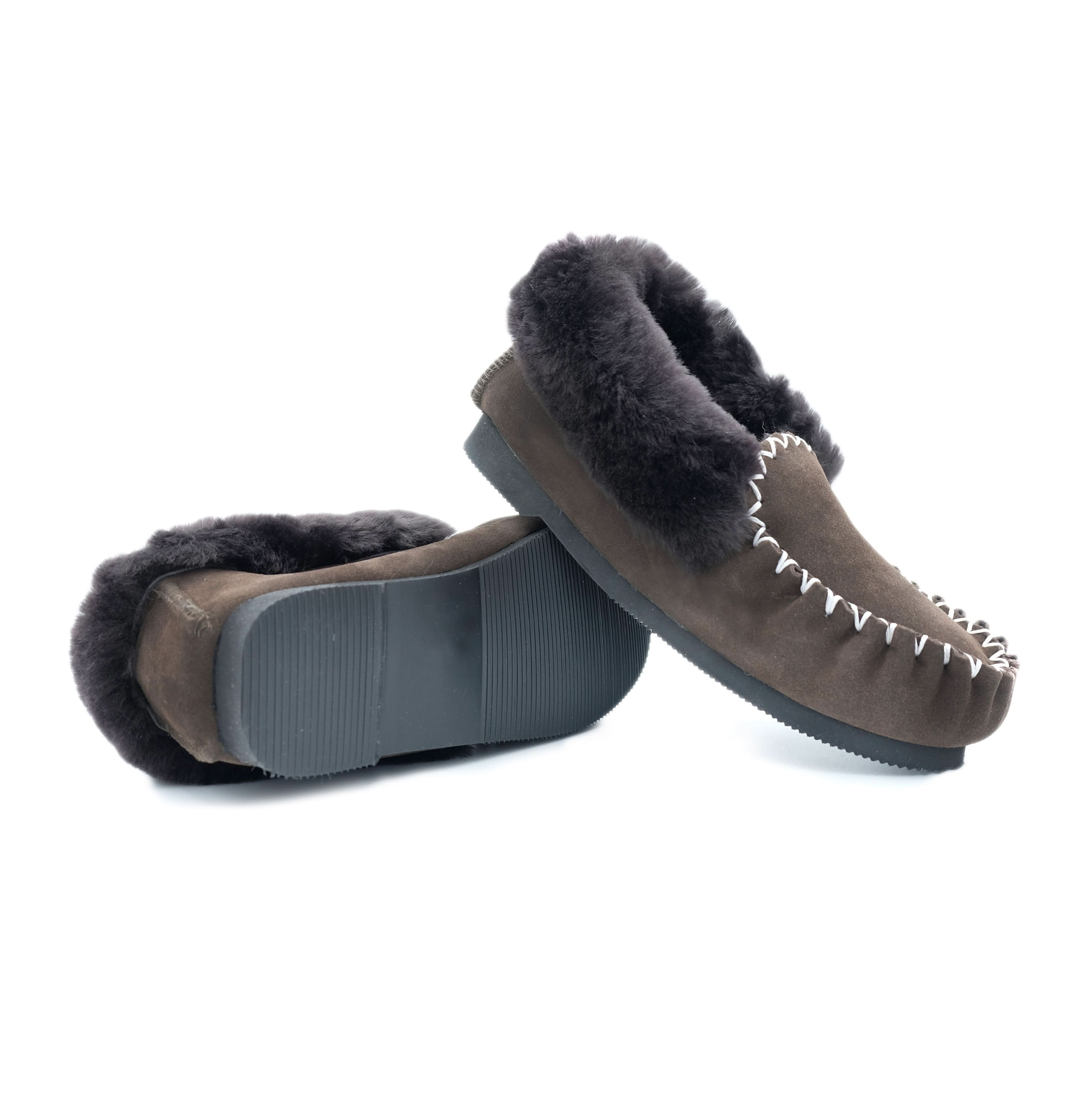 Charcoal grey sheepskin moccasin slippers with suede upper and wool lining, shown from top and so... - Yellow Earth Australia