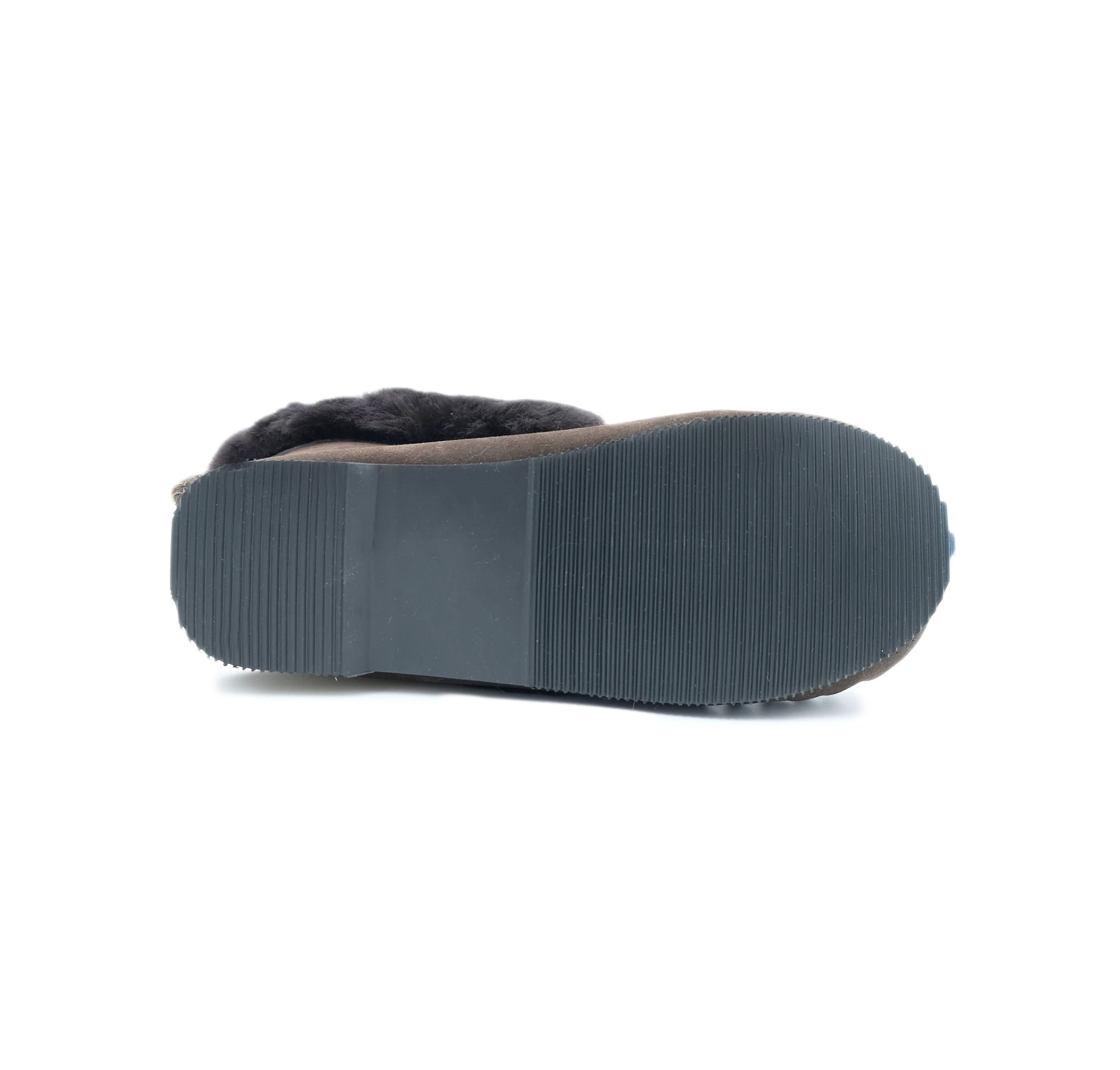 Charcoal sheepskin boot sole view showing dark wool lining and ribbed rubber outsole. - Yellow Earth Australia