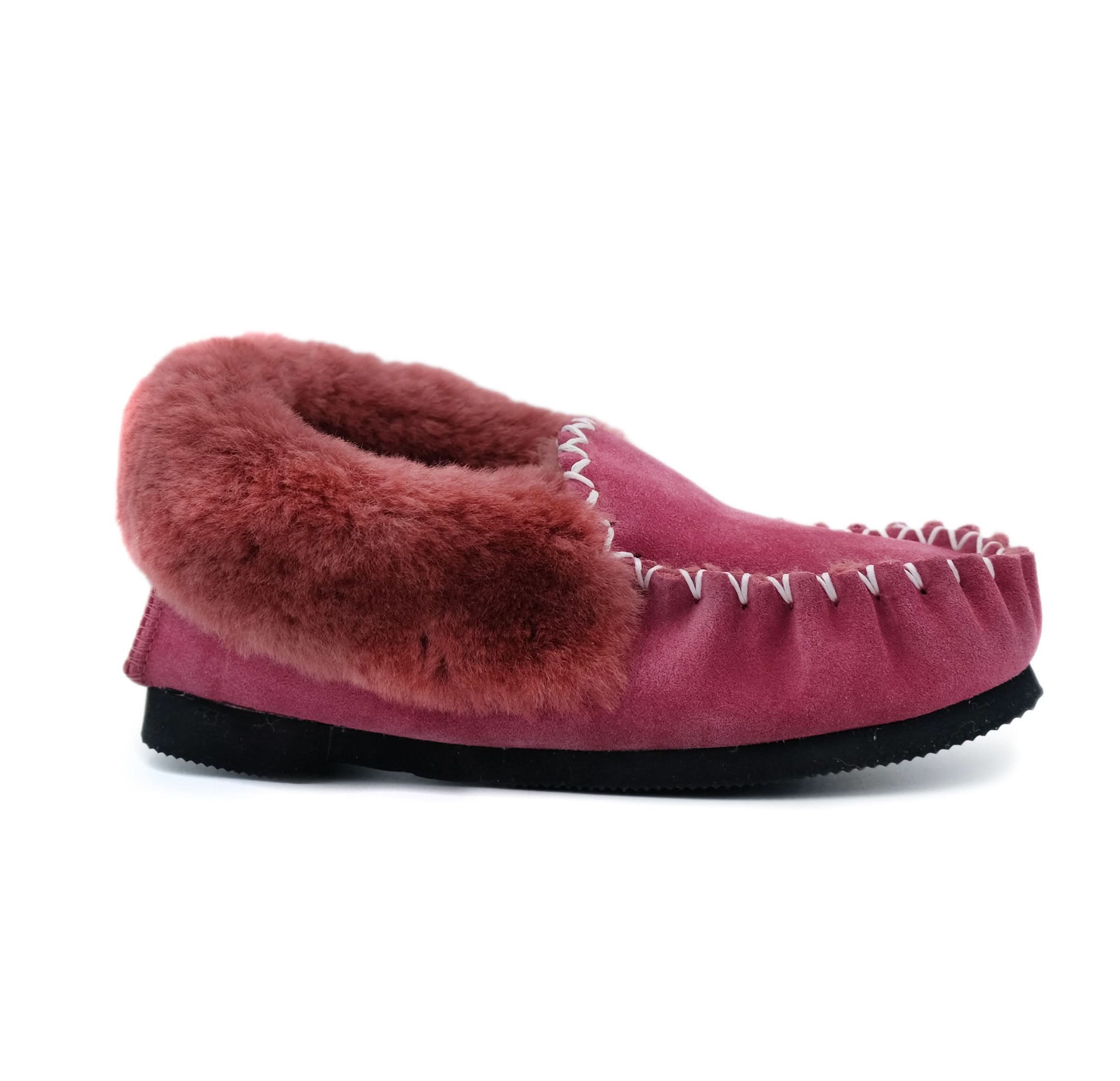 Burgundy suede slipper with sheepskin fur lining, side view. - Yellow Earth Australia