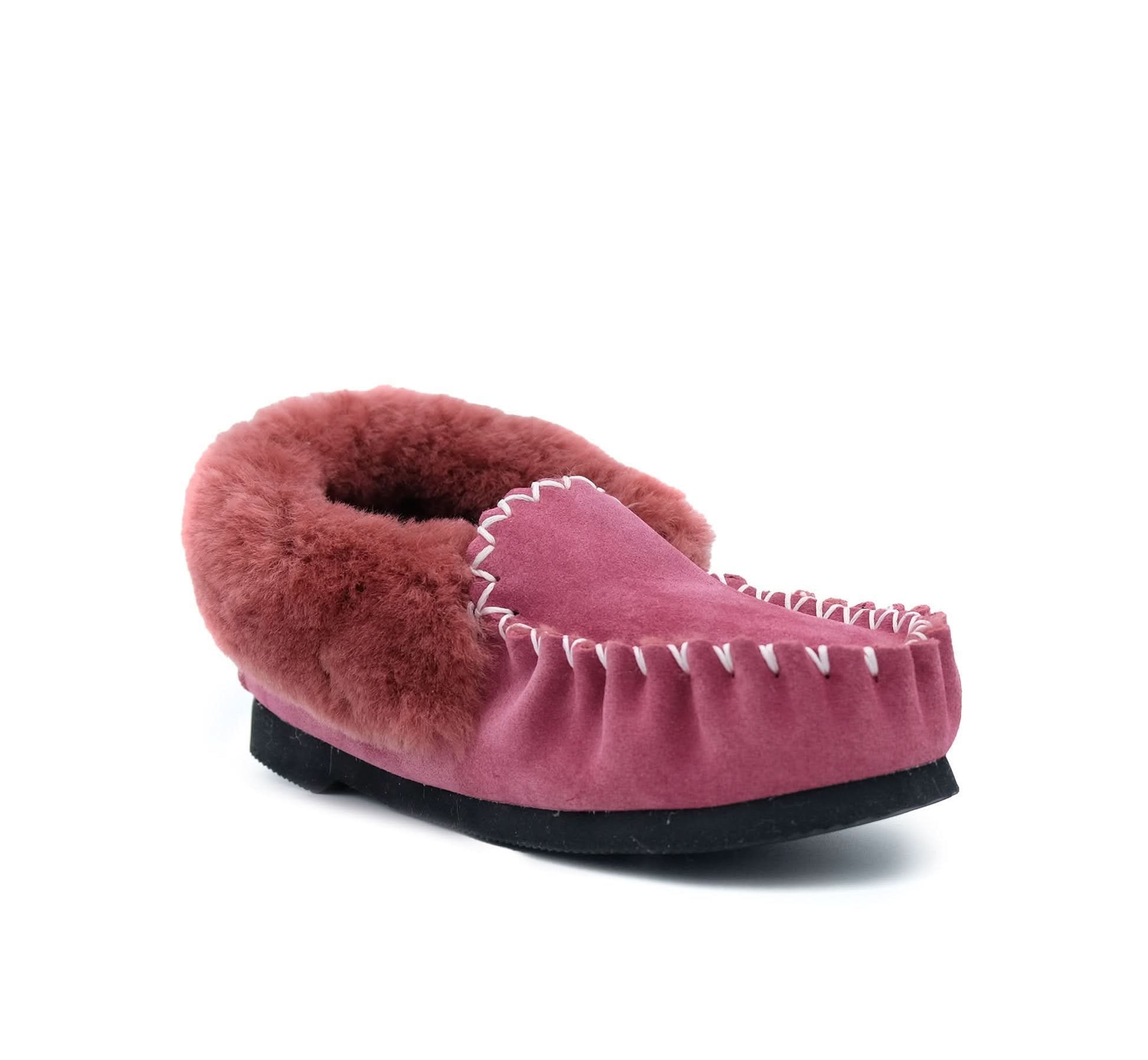 Pink sheepskin moccasin slipper with wool lining, side view. - Yellow Earth Australia