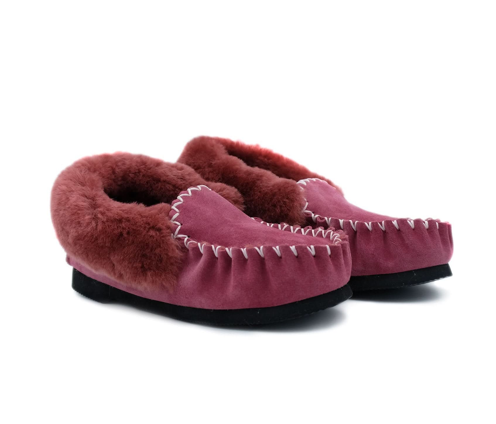 Burgundy sheepskin moccasin slippers with wool lining, front three-quarter view. - Yellow Earth Australia