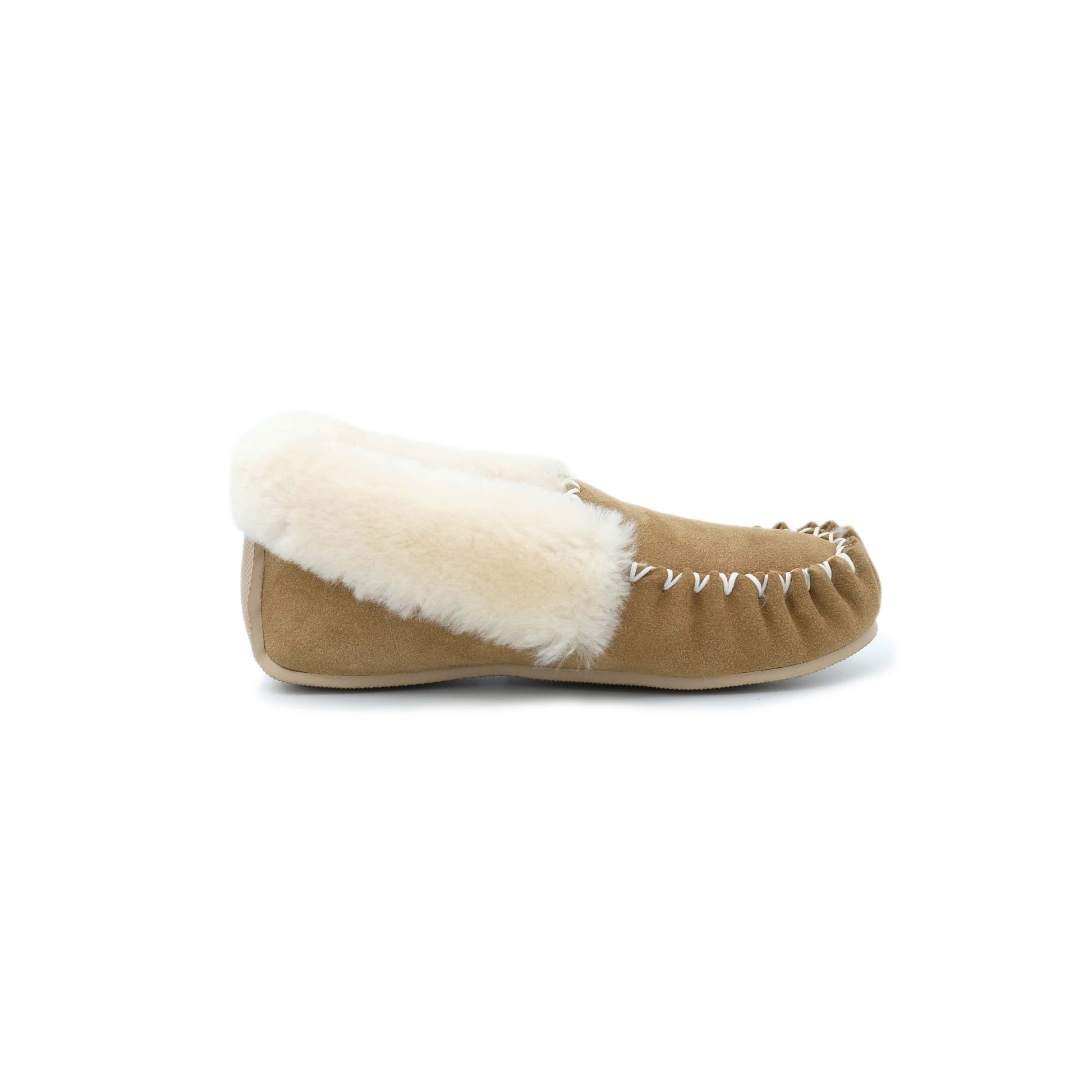 Tan suede moccasin slipper with cream wool lining, side view. - Yellow Earth Australia