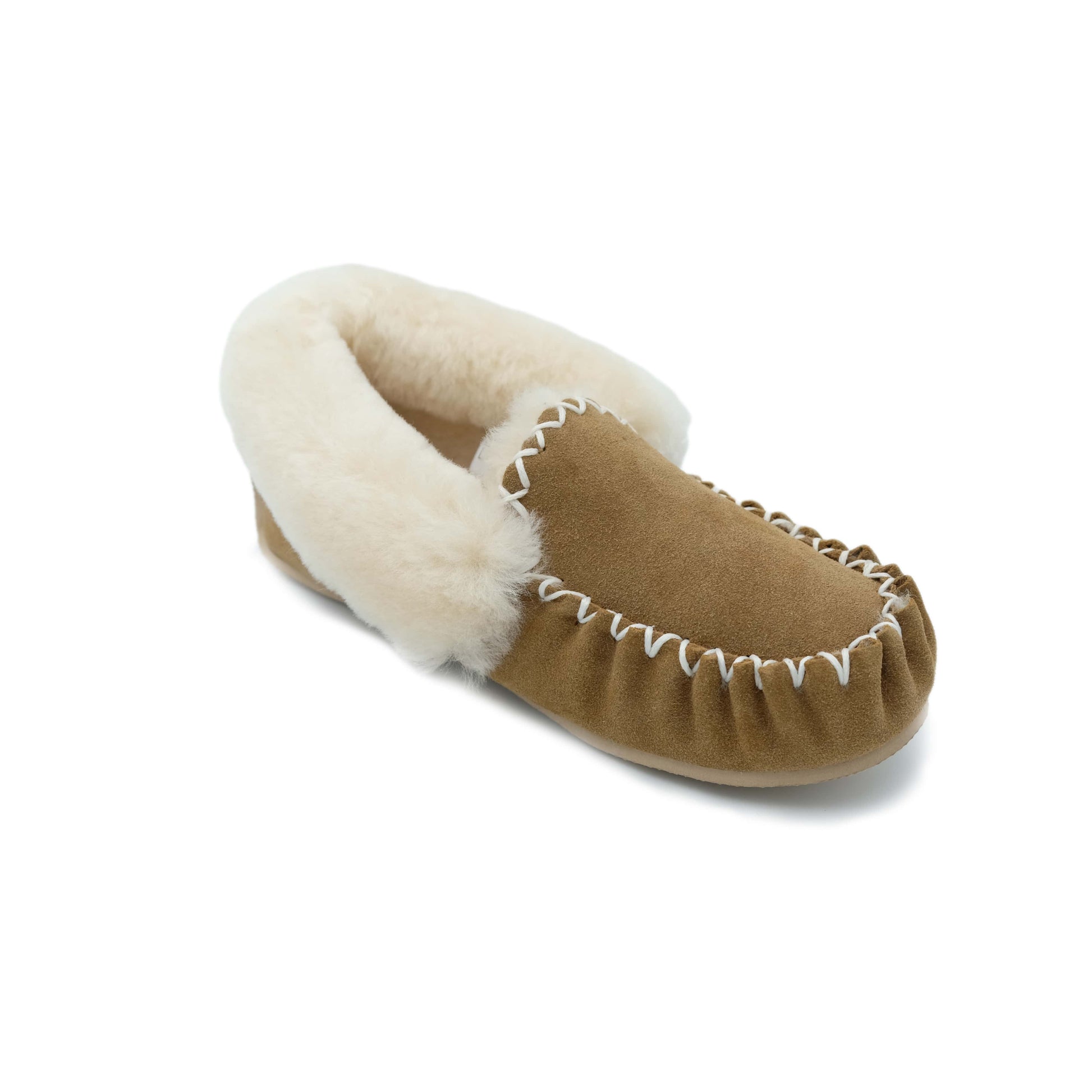 Camel and cream sheepskin moccasin slipper with wool lining, angled side view. - Yellow Earth Australia