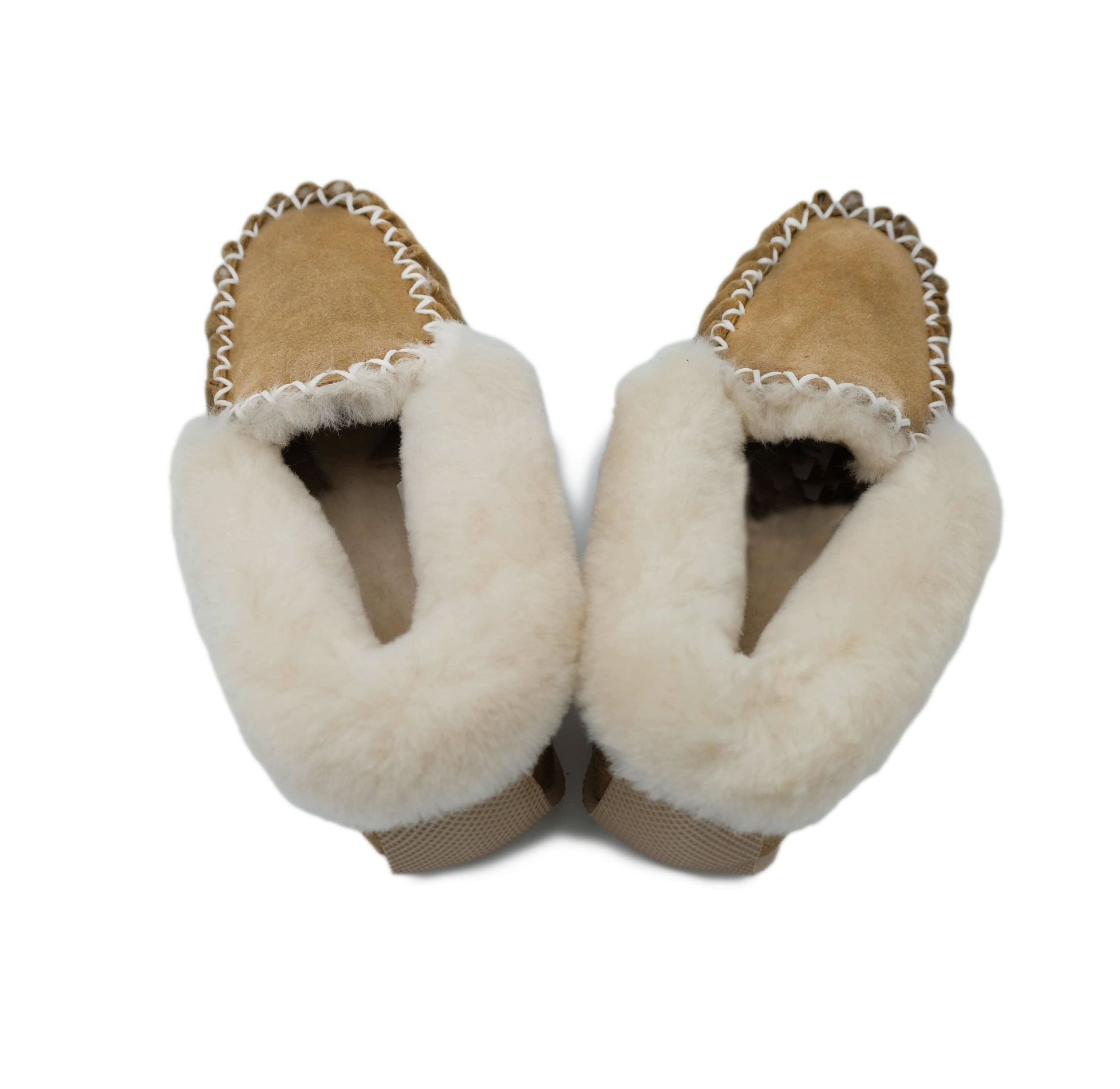 Cream sheepskin slippers with wool lining, top-down view on white background. - Yellow Earth Australia