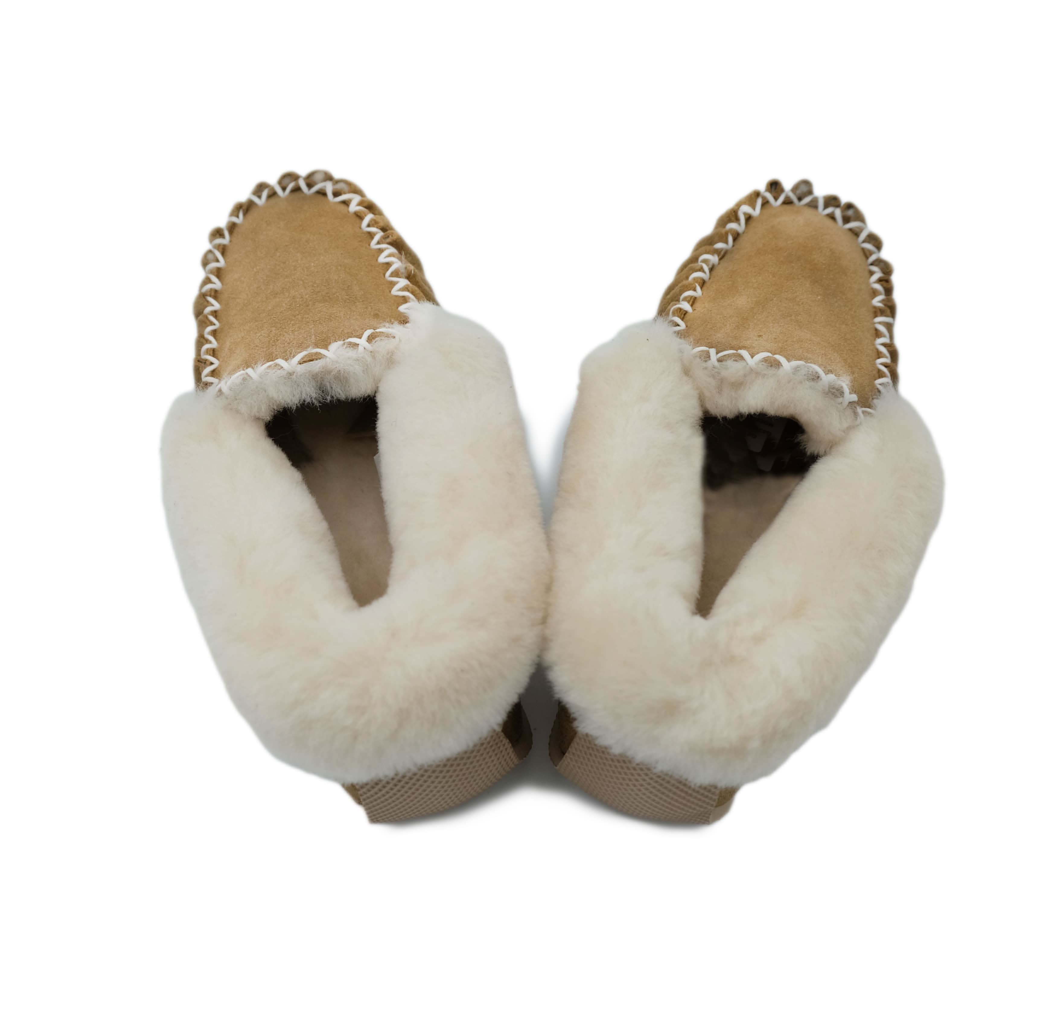 Cream sheepskin slippers with wool lining, top-down view on white background. - Yellow Earth Australia