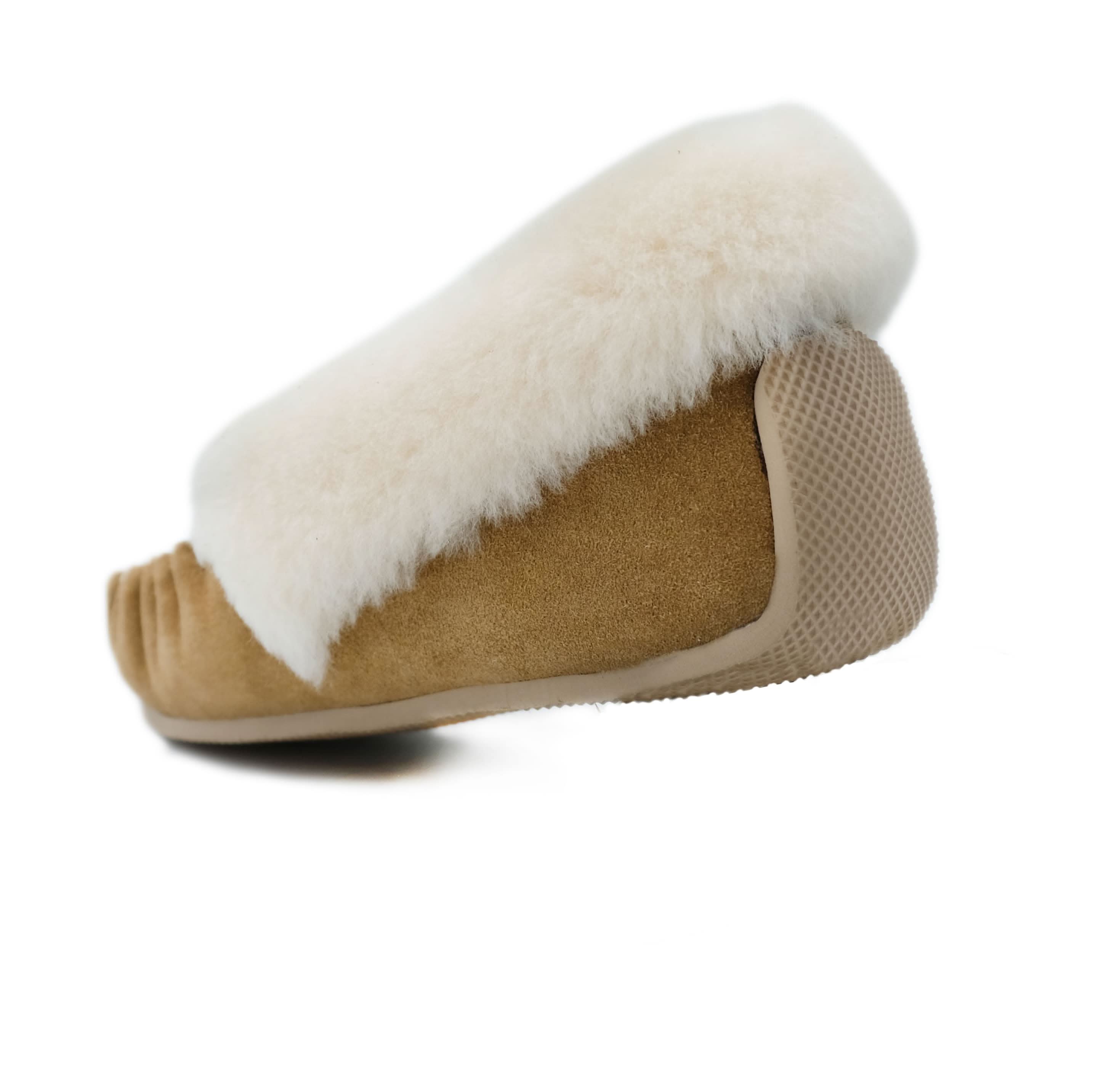 Beige suede slipper with white sheepskin cuff, side view. - Yellow Earth Australia