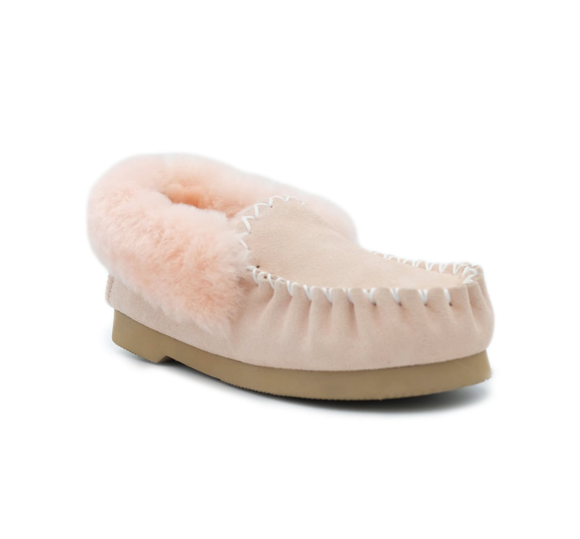 Cream sheepskin moccasin slipper with fluffy wool lining, side view. - Yellow Earth Australia