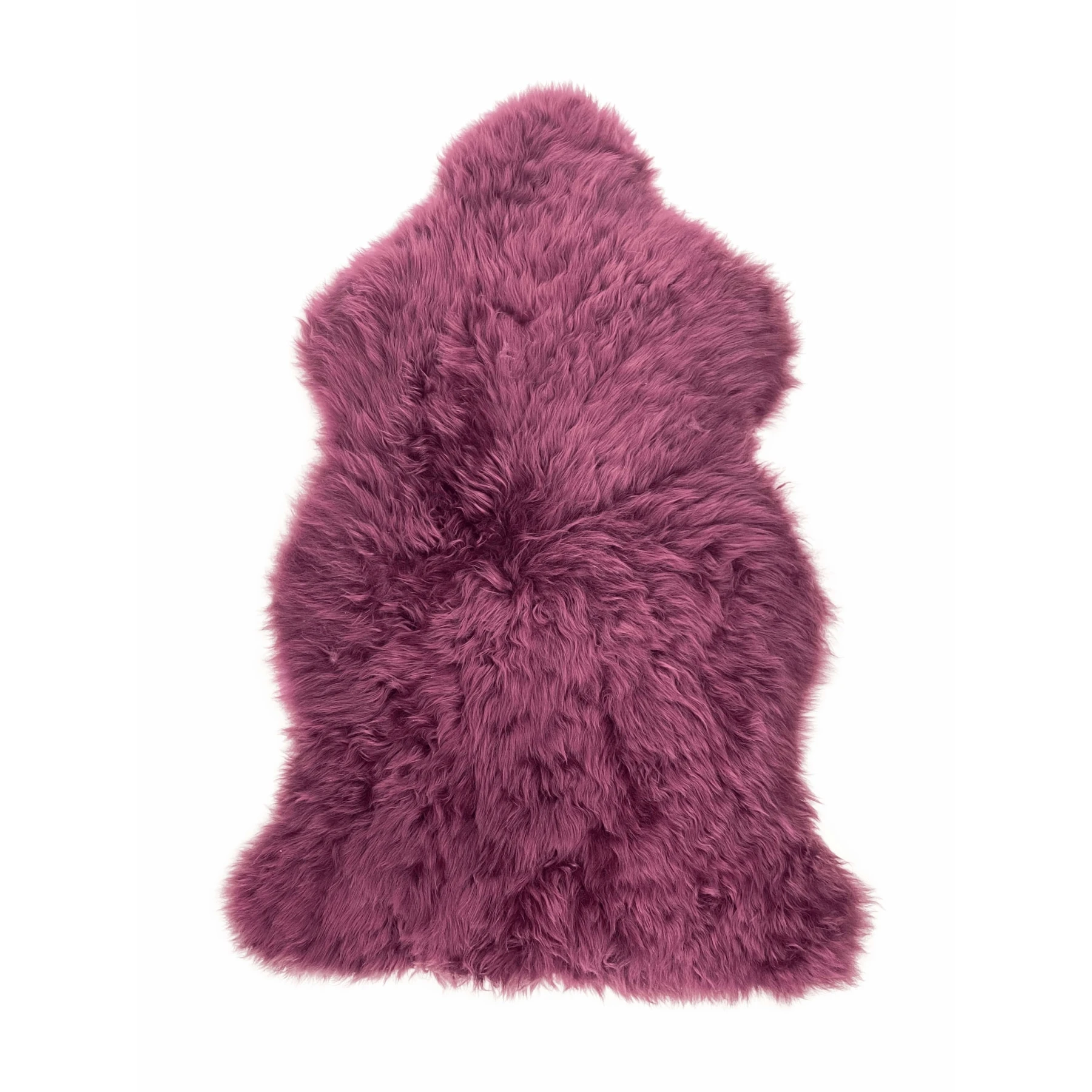Burgundy sheepskin rug with thick curly wool viewed from above on white background. - Yellow Earth Australia