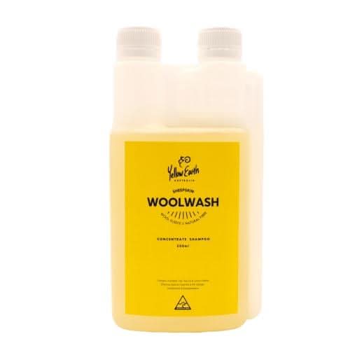 Yellow concentrated wool wash shampoo bottle with dual chambers displayed front view. - Yellow Earth Australia